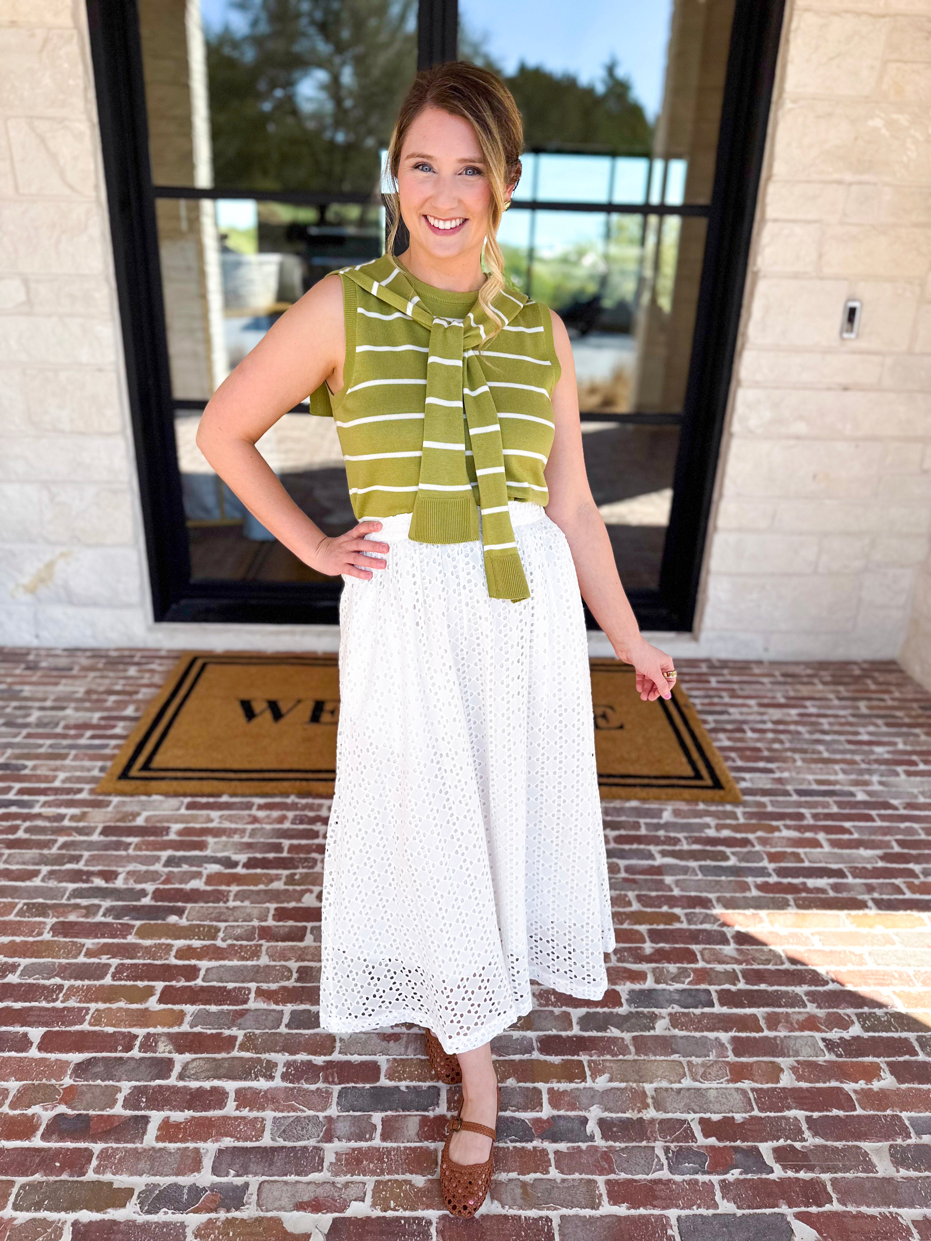 White Eyelet Midi Skirt-410 Shorts/Skirts-ENTRO-July & June Women's Fashion Boutique Located in San Antonio, Texas