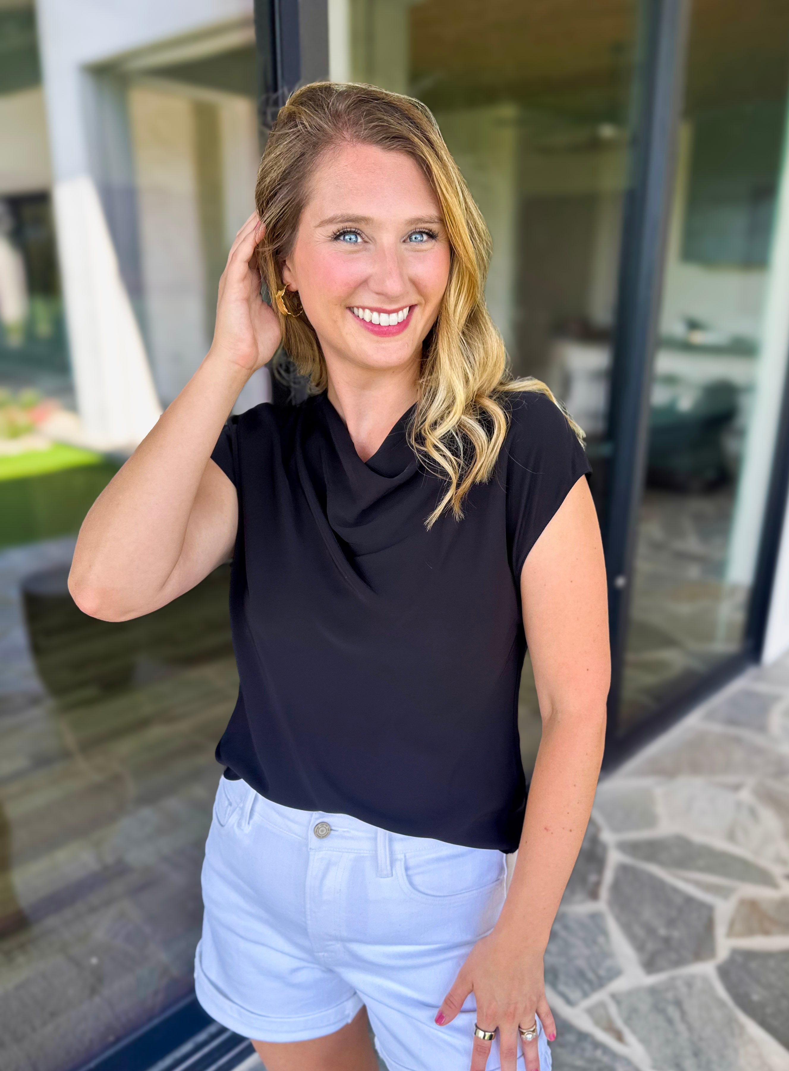 Current Air - Cowl Neck Blouse - Black-200 Fashion Blouses-CURRENT AIR CLOTHING-July & June Women's Fashion Boutique Located in San Antonio, Texas