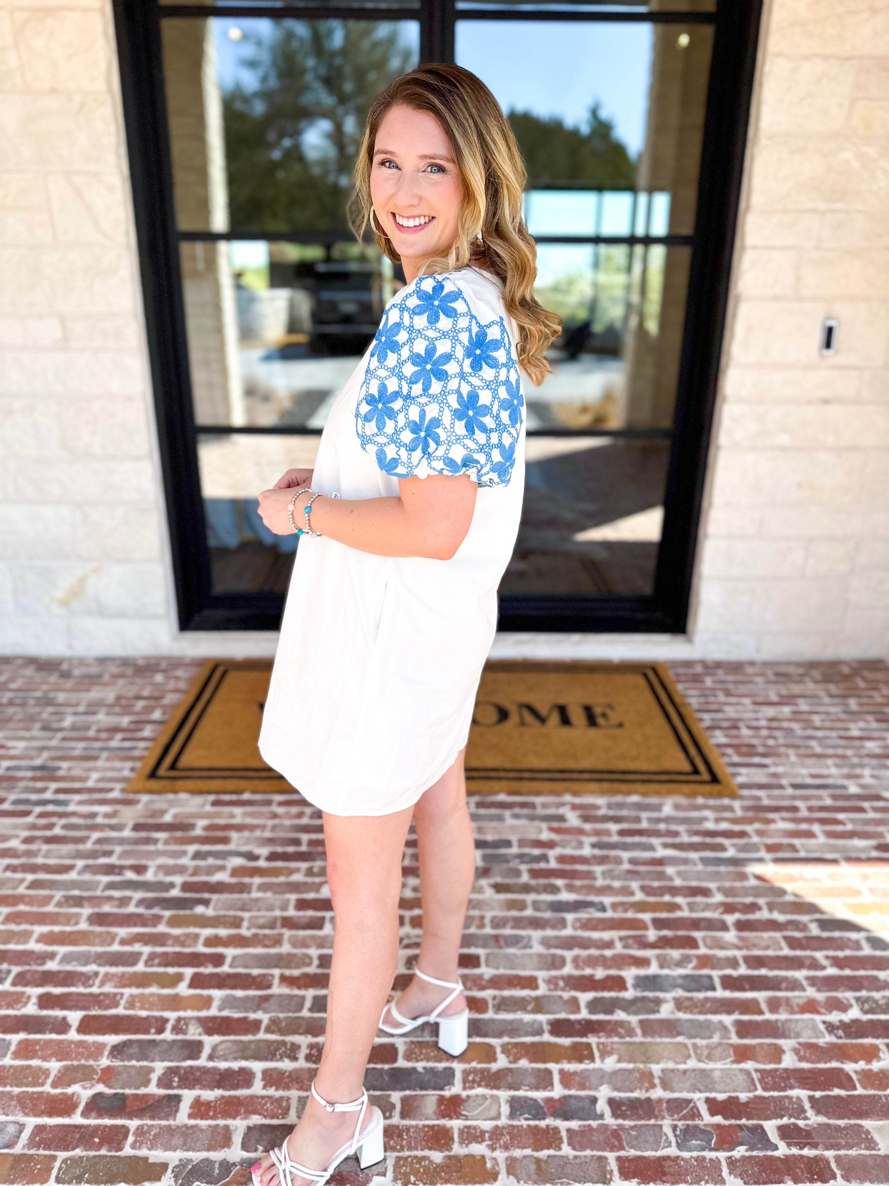 Ivory & Bold Blue Mini Dres-510 Mini-ENTRO-July & June Women's Fashion Boutique Located in San Antonio, Texas