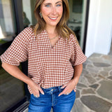 August Gingham Blouse - Golden Tan-200 Fashion Blouses-OLIVACEOUS-July & June Women's Fashion Boutique Located in San Antonio, Texas