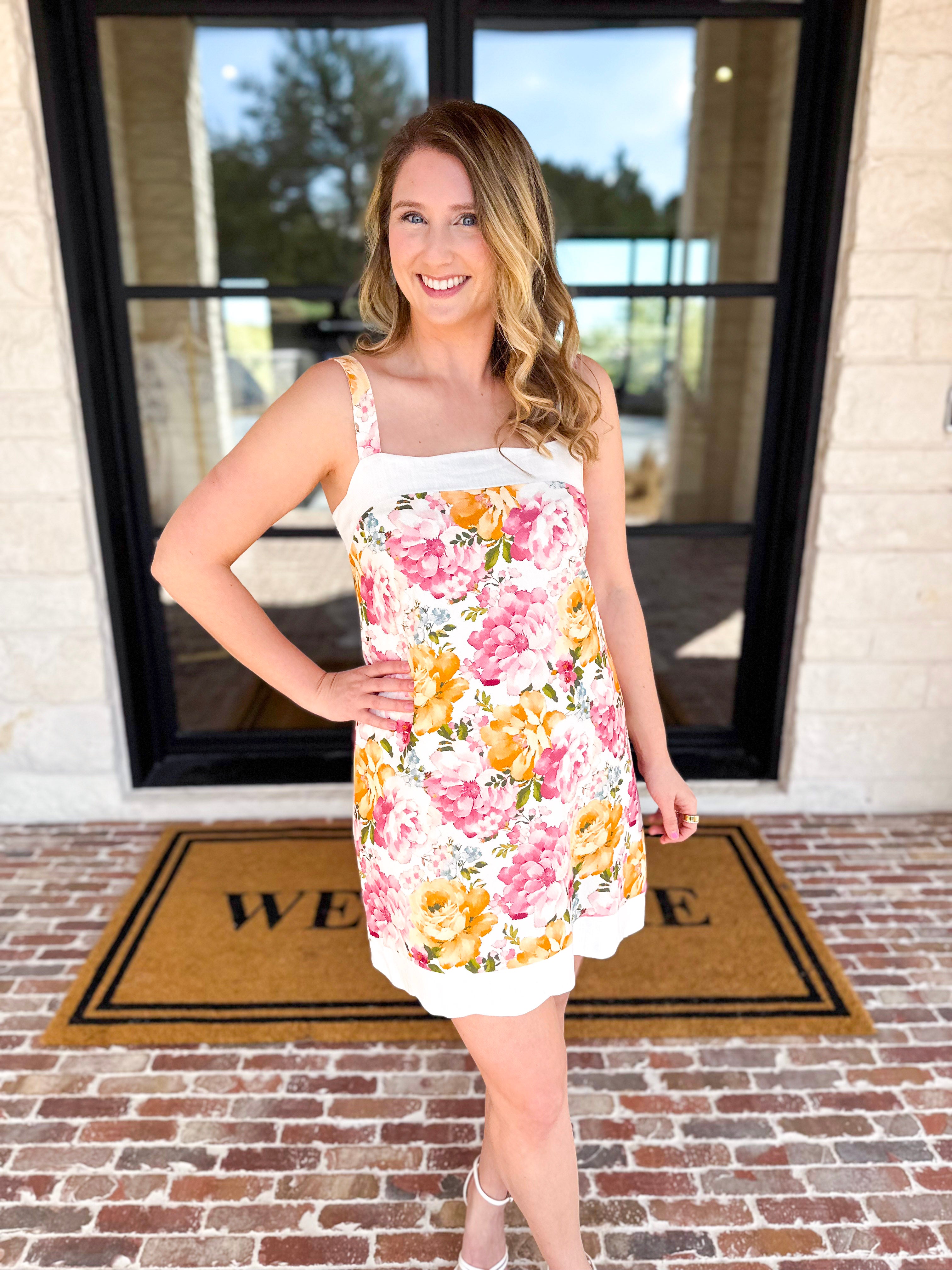 Cream & Floral Scalloped Mini Dress-510 Mini-FATE-July & June Women's Fashion Boutique Located in San Antonio, Texas