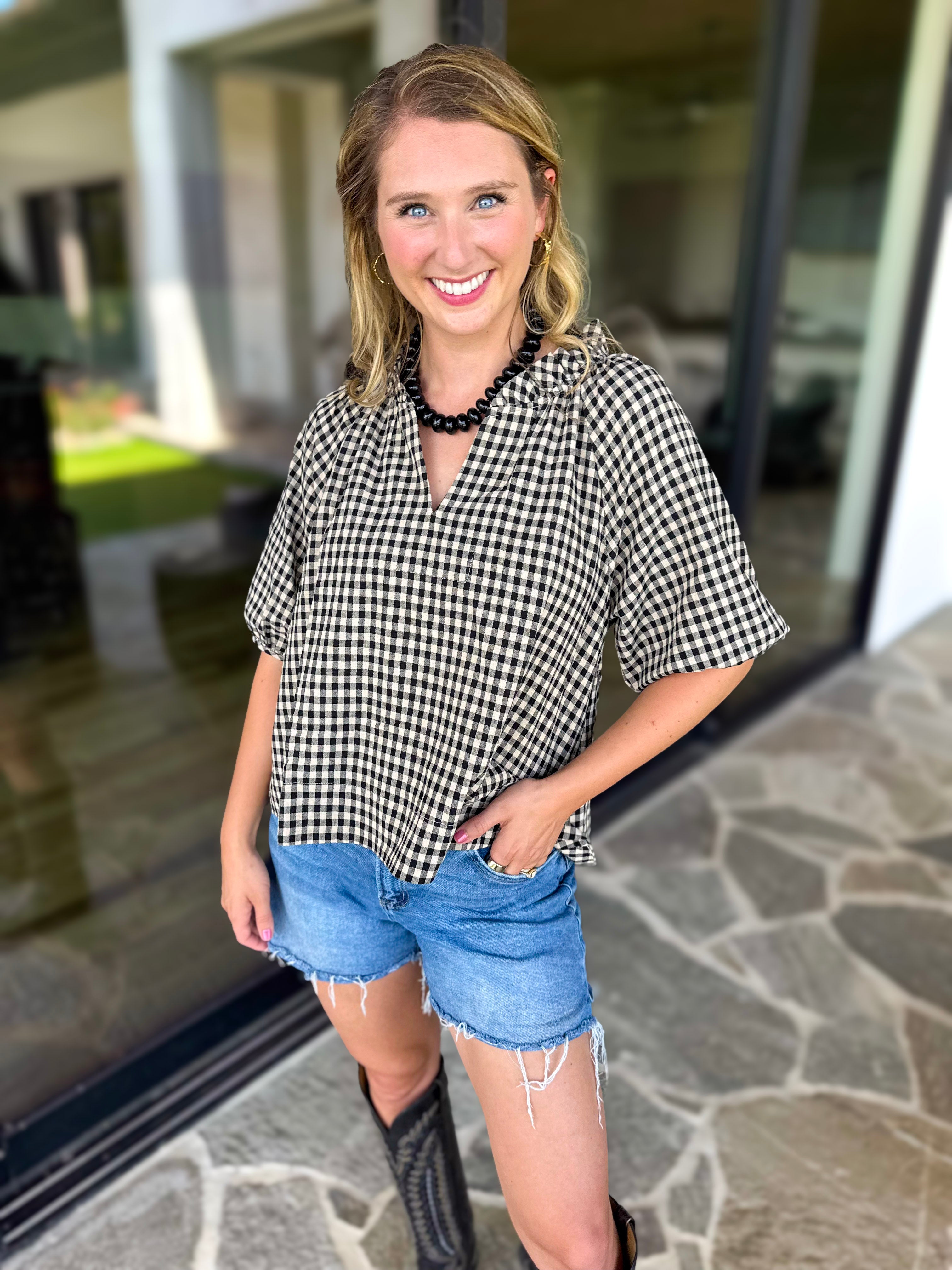 August Gingham Blouse - Black-200 Fashion Blouses-OLIVACEOUS-July & June Women's Fashion Boutique Located in San Antonio, Texas