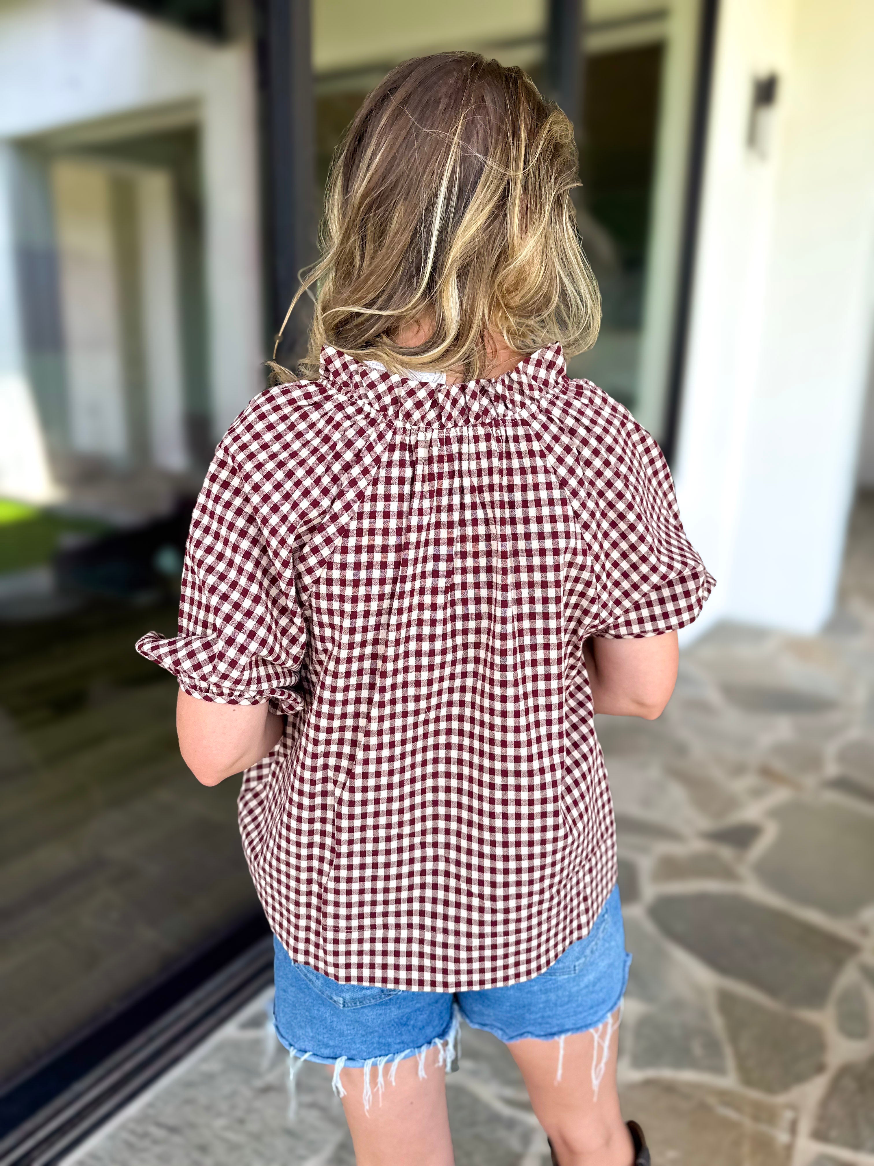 August Gingham Blouse - Maroon-200 Fashion Blouses-OLIVACEOUS-July & June Women's Fashion Boutique Located in San Antonio, Texas