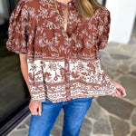 Ellie Floral Blouse - Brown Rust-200 Fashion Blouses-OLIVACEOUS-July & June Women's Fashion Boutique Located in San Antonio, Texas