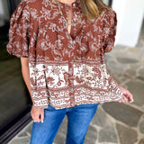 Ellie Floral Blouse - Brown Rust-200 Fashion Blouses-OLIVACEOUS-July & June Women's Fashion Boutique Located in San Antonio, Texas