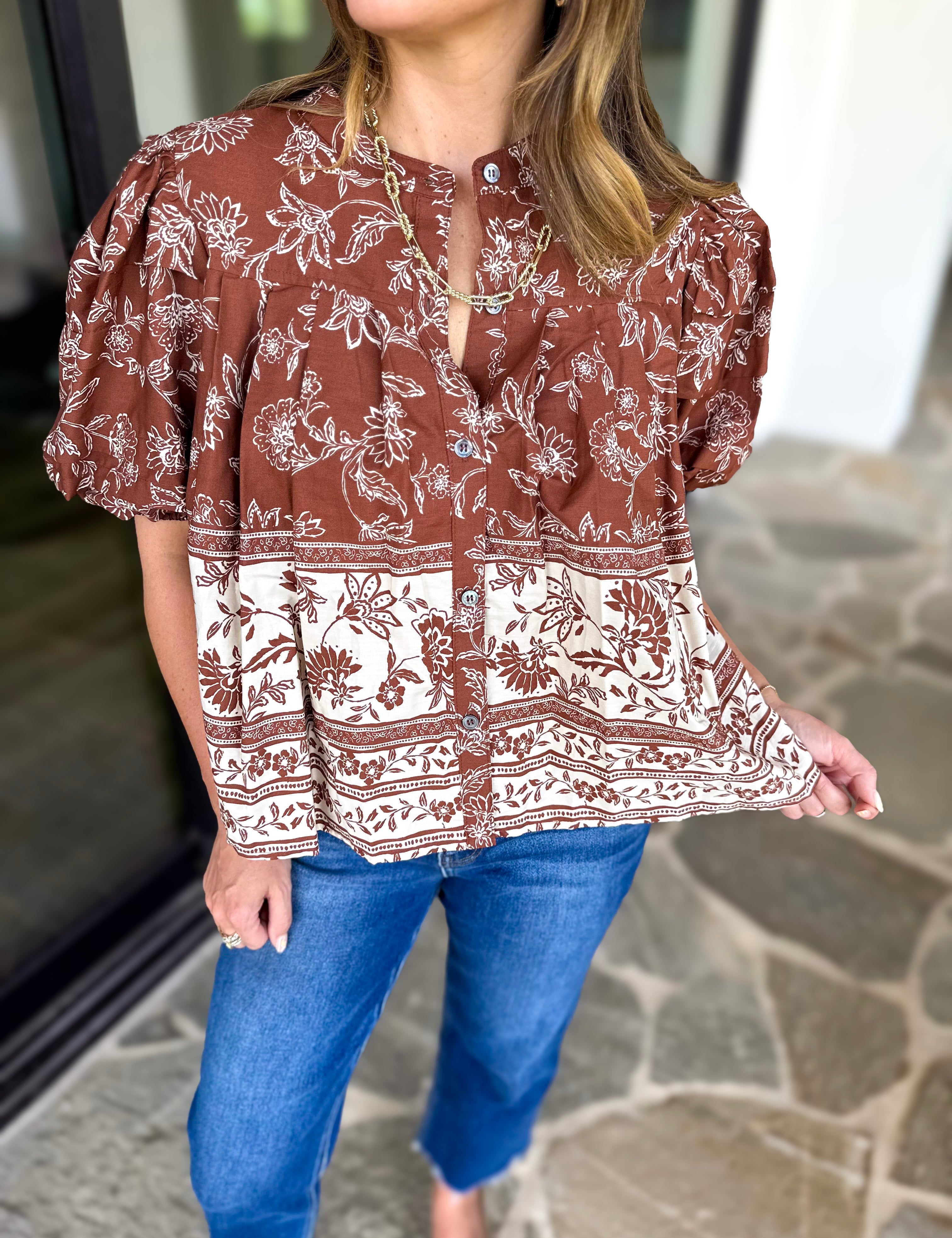 Ellie Floral Blouse - Brown Rust-200 Fashion Blouses-OLIVACEOUS-July & June Women's Fashion Boutique Located in San Antonio, Texas