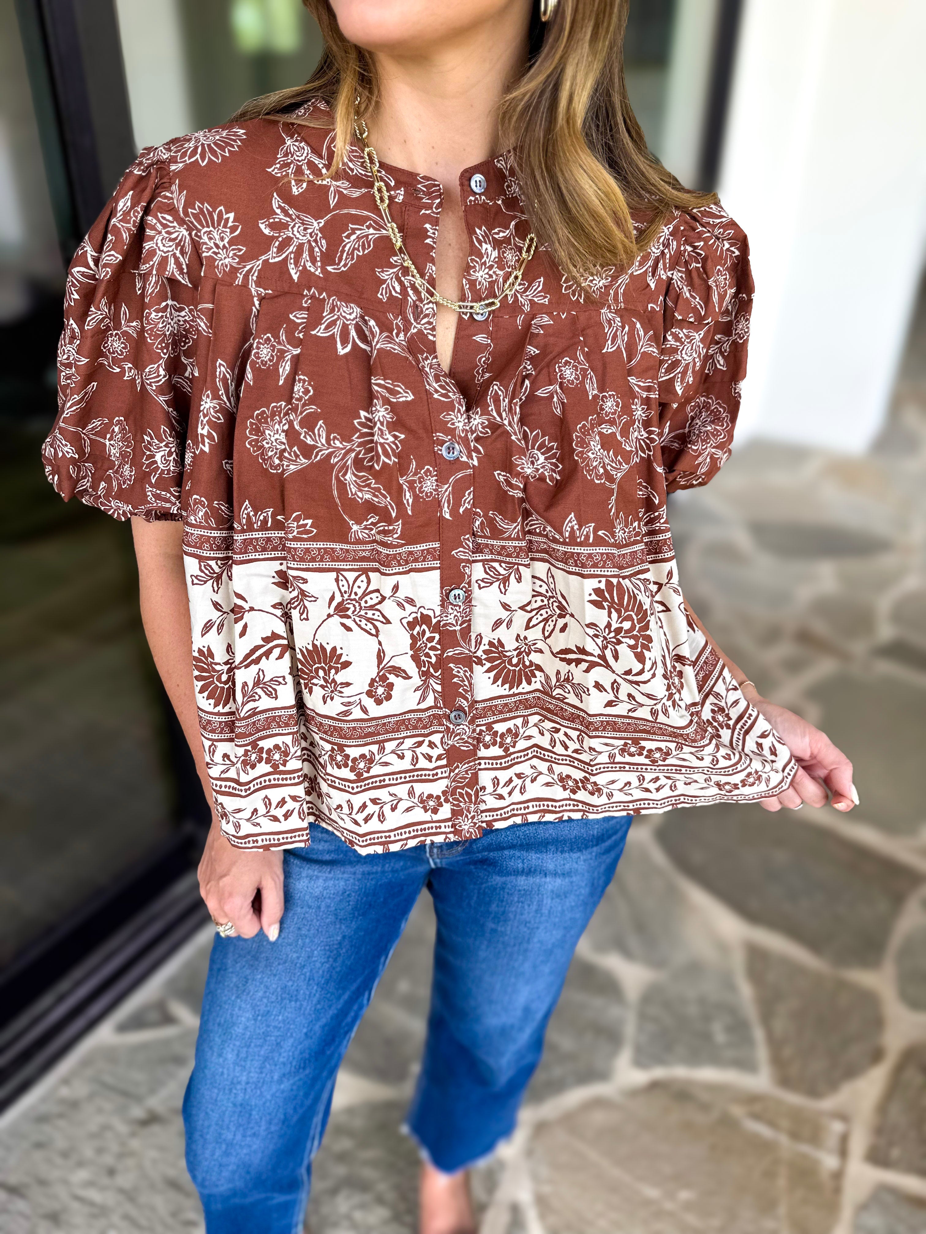 Ellie Floral Blouse - Brown Rust-200 Fashion Blouses-OLIVACEOUS-July & June Women's Fashion Boutique Located in San Antonio, Texas
