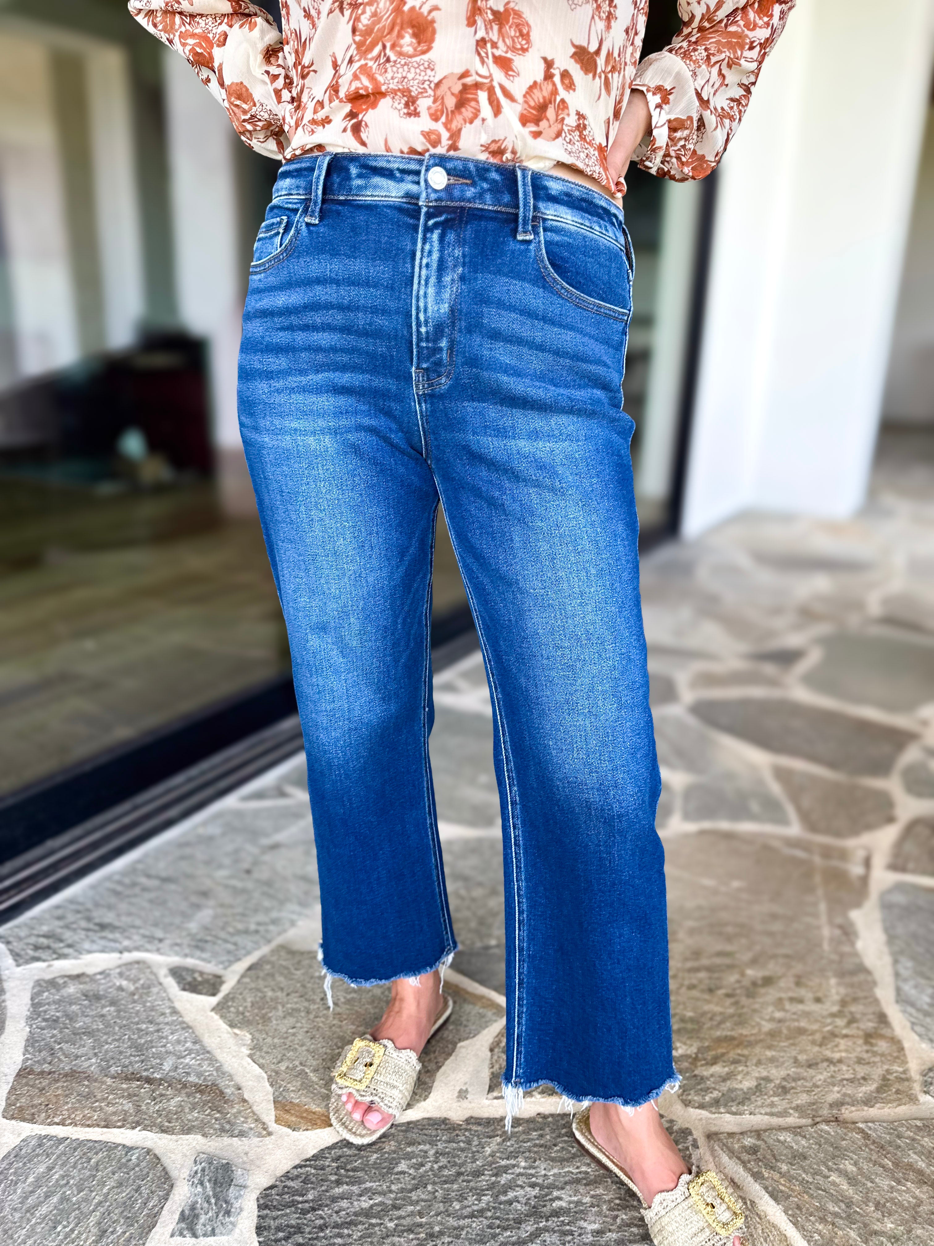 Vervet - High Rise Cropped Dark Wash Straight Leg Jeans-420 Denim-VEVERT BY FLYING MONKEY-July & June Women's Fashion Boutique Located in San Antonio, Texas