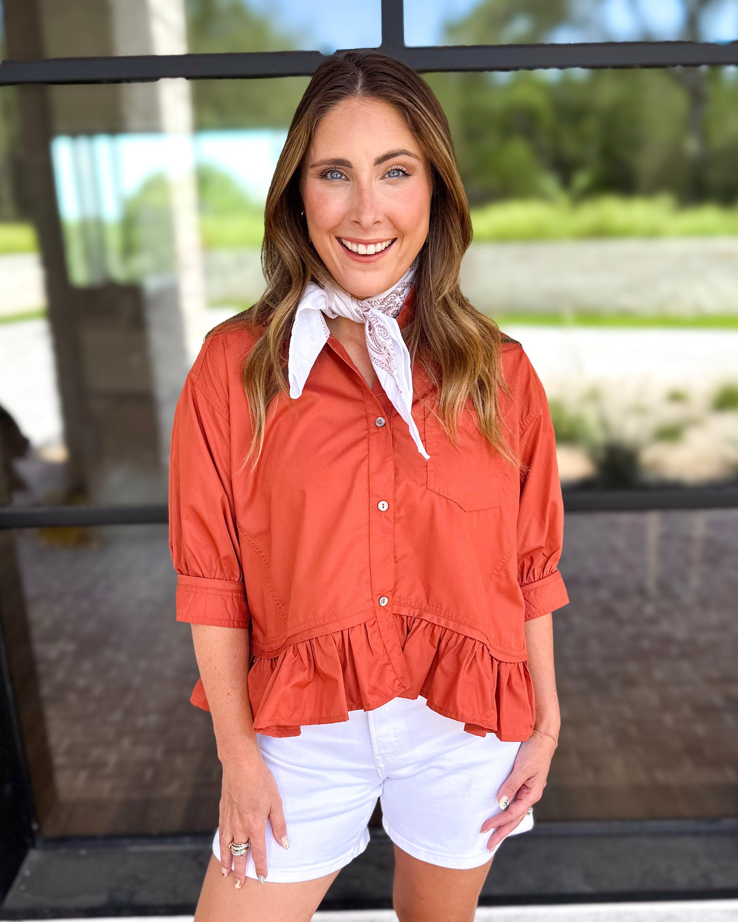Effortless Ruffle Hem Blouse - Clay-200 Fashion Blouses-ENTRO-July & June Women's Fashion Boutique Located in San Antonio, Texas