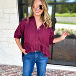 Effortless Ruffle Hem Blouse - Maroon-200 Fashion Blouses-ENTRO-July & June Women's Fashion Boutique Located in San Antonio, Texas