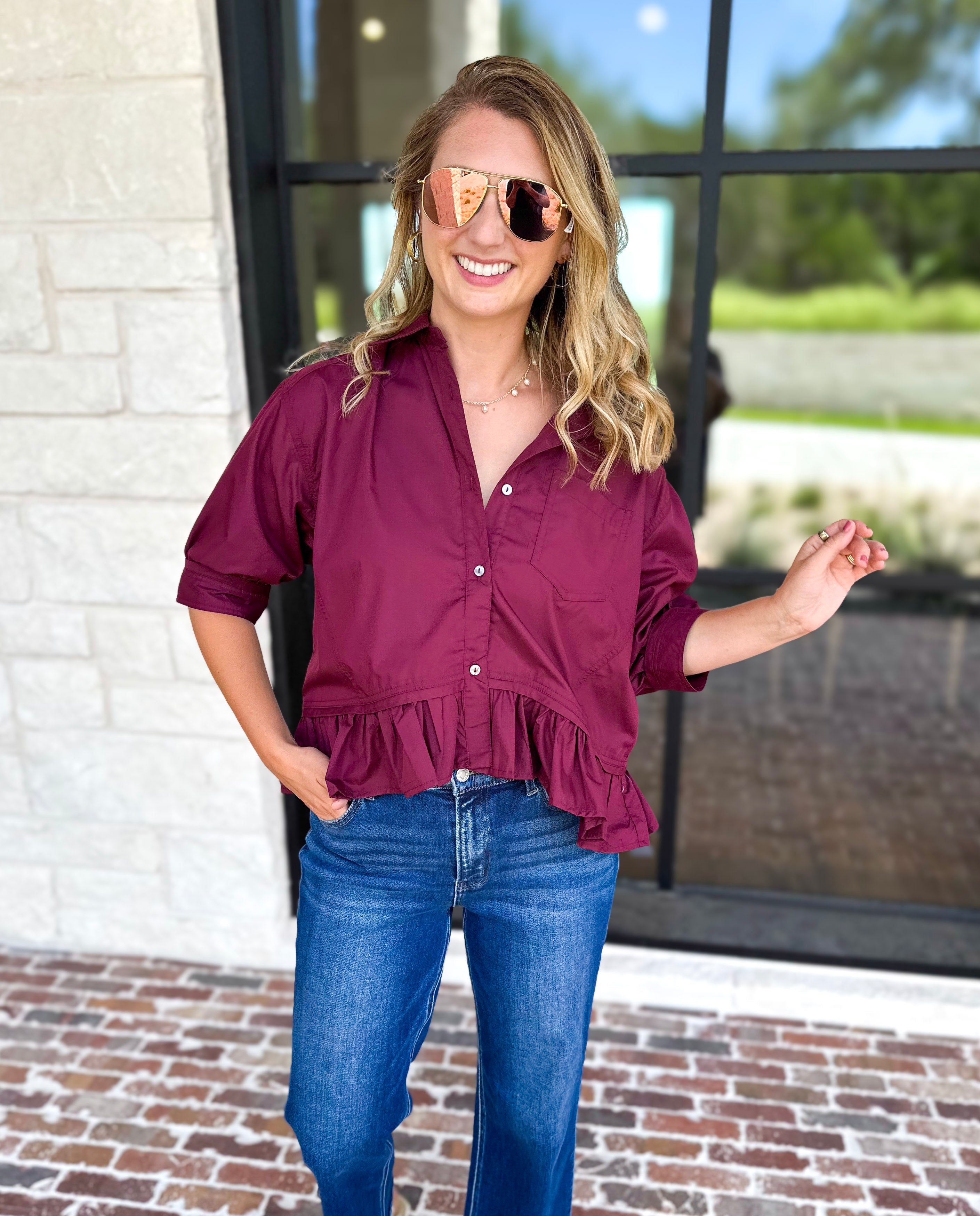 Effortless Ruffle Hem Blouse - Maroon-200 Fashion Blouses-ENTRO-July & June Women's Fashion Boutique Located in San Antonio, Texas