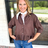 Effortless Ruffle Hem Blouse - Brown-200 Fashion Blouses-ENTRO-July & June Women's Fashion Boutique Located in San Antonio, Texas