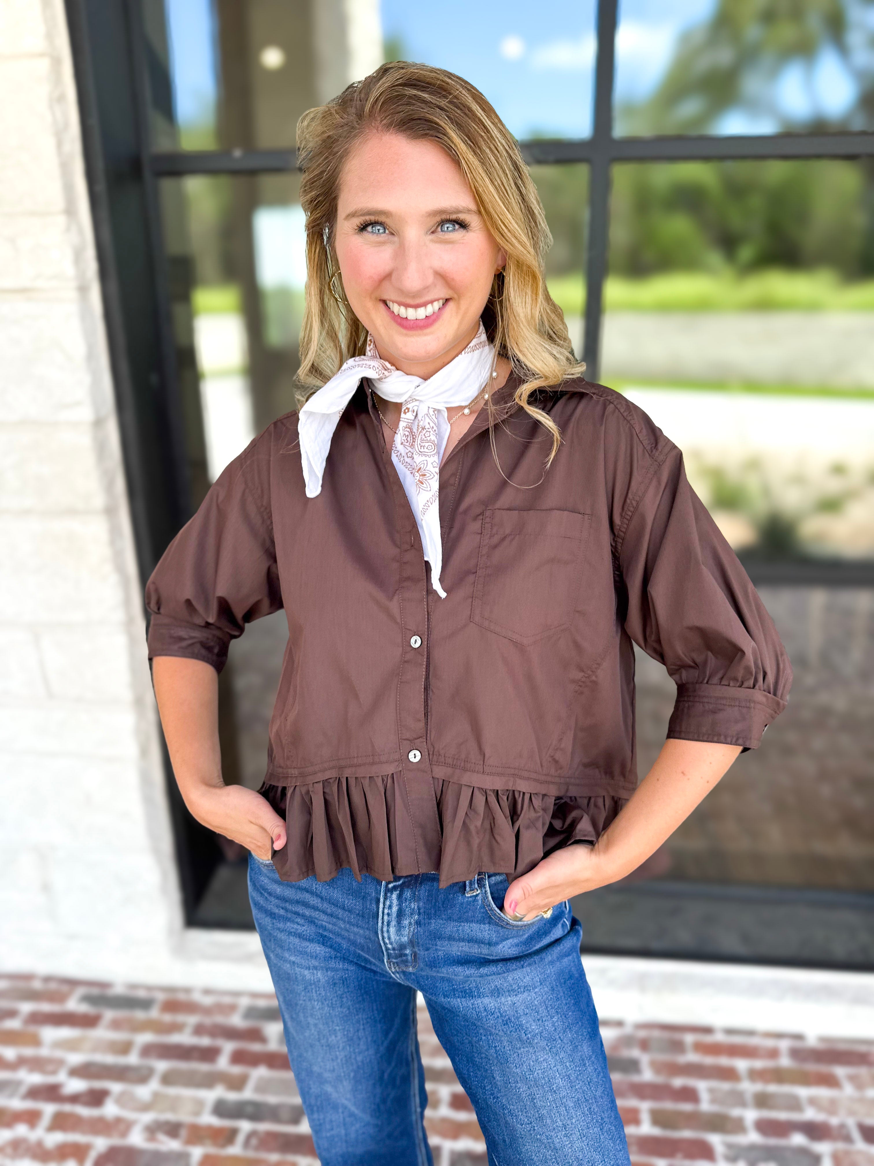 Effortless Ruffle Hem Blouse - Brown-200 Fashion Blouses-ENTRO-July & June Women's Fashion Boutique Located in San Antonio, Texas