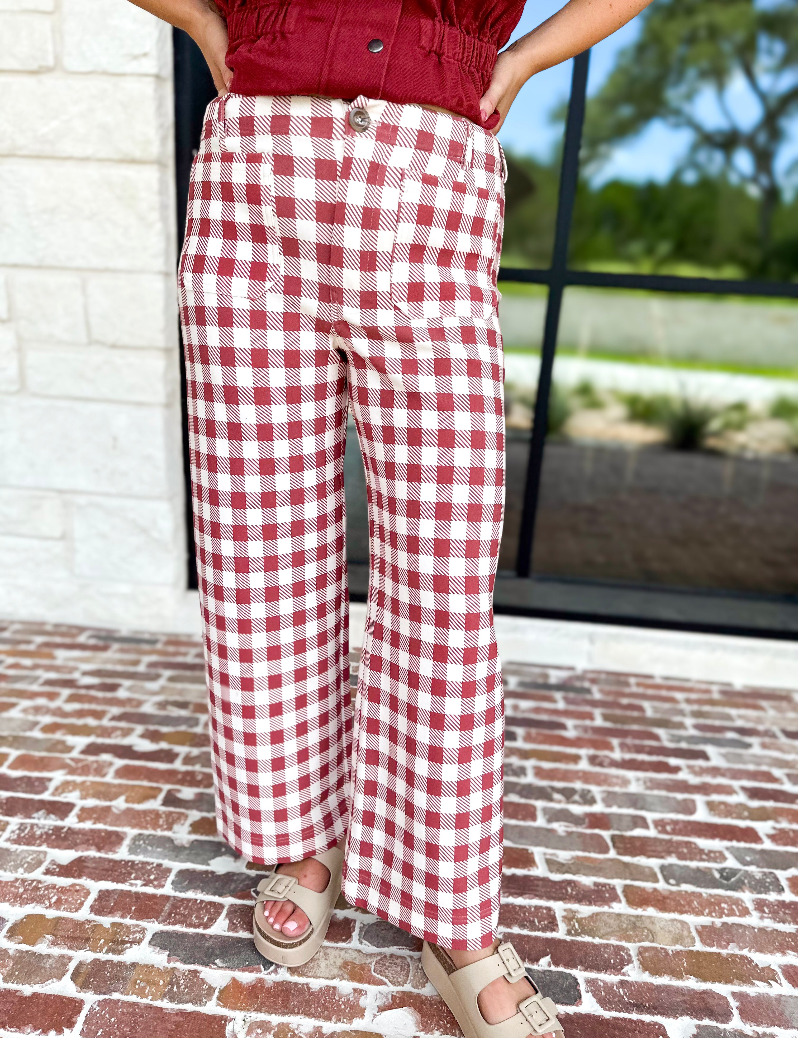 Gingham Comfy Pants - Rusty Red-400 Pants-ENTRO-July & June Women's Fashion Boutique Located in San Antonio, Texas