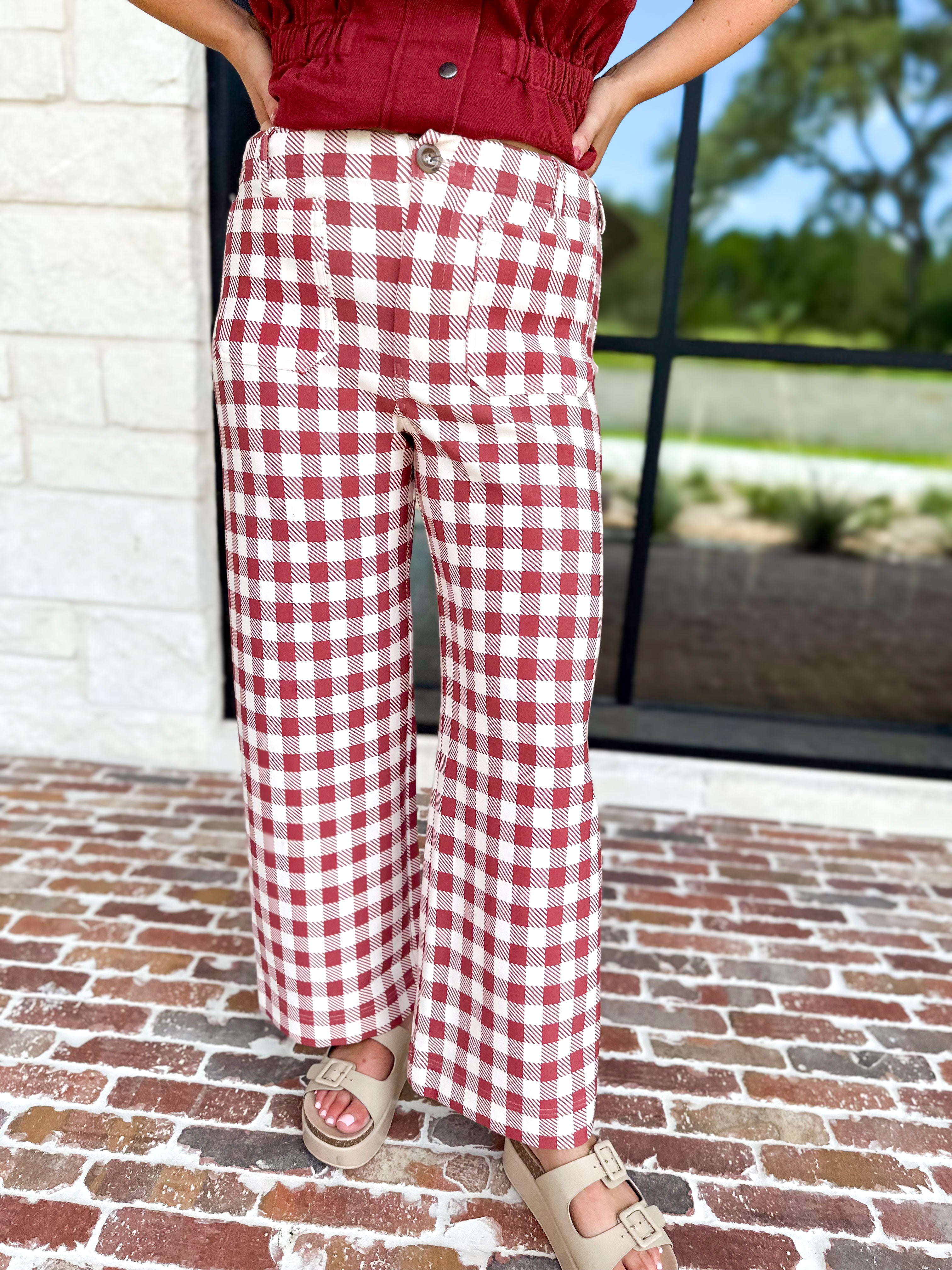 Gingham Comfy Pants - Rusty Red-400 Pants-ENTRO-July & June Women's Fashion Boutique Located in San Antonio, Texas