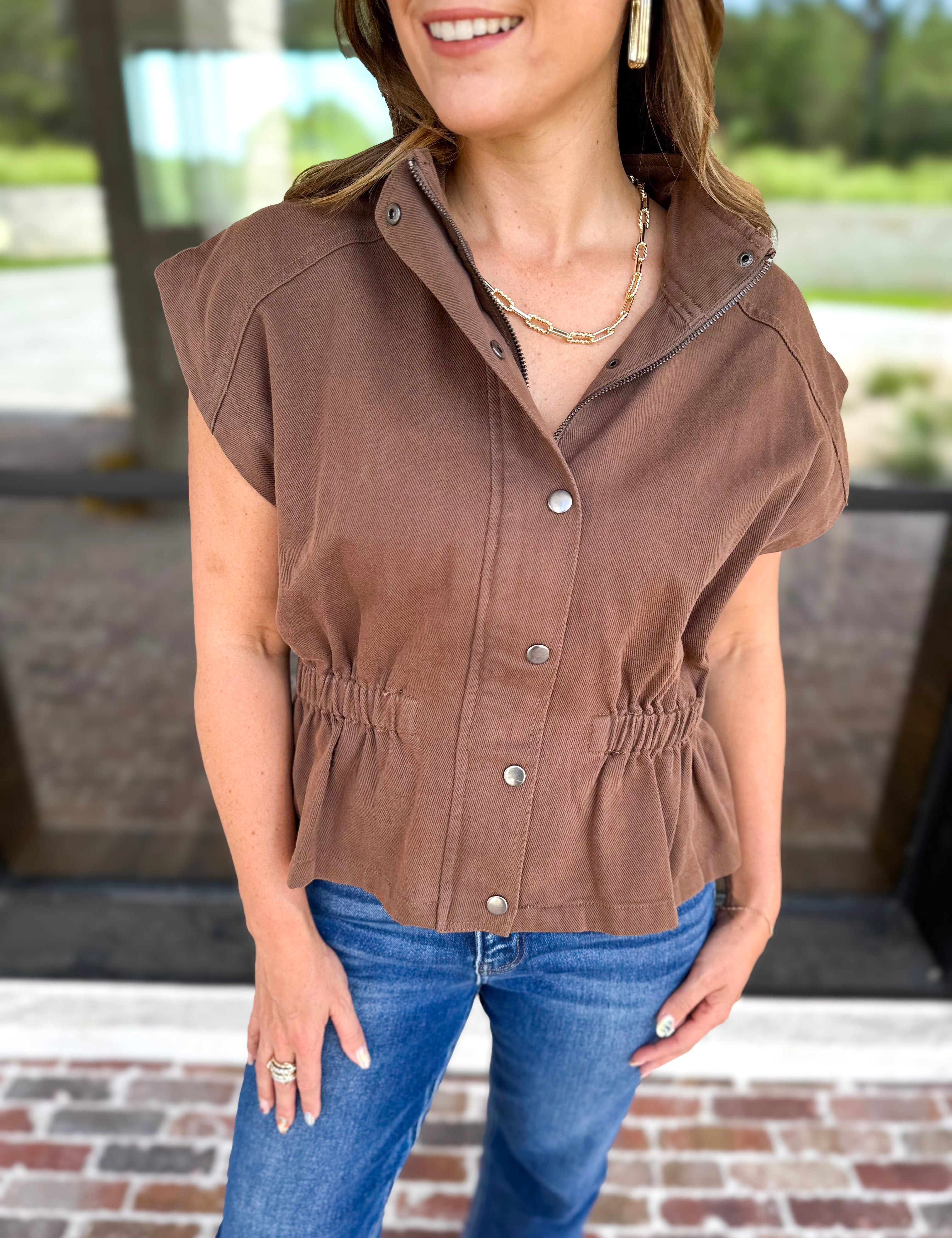Worn Well Zip-Up Top - Brown-200 Fashion Blouses-ENTRO-July & June Women's Fashion Boutique Located in San Antonio, Texas