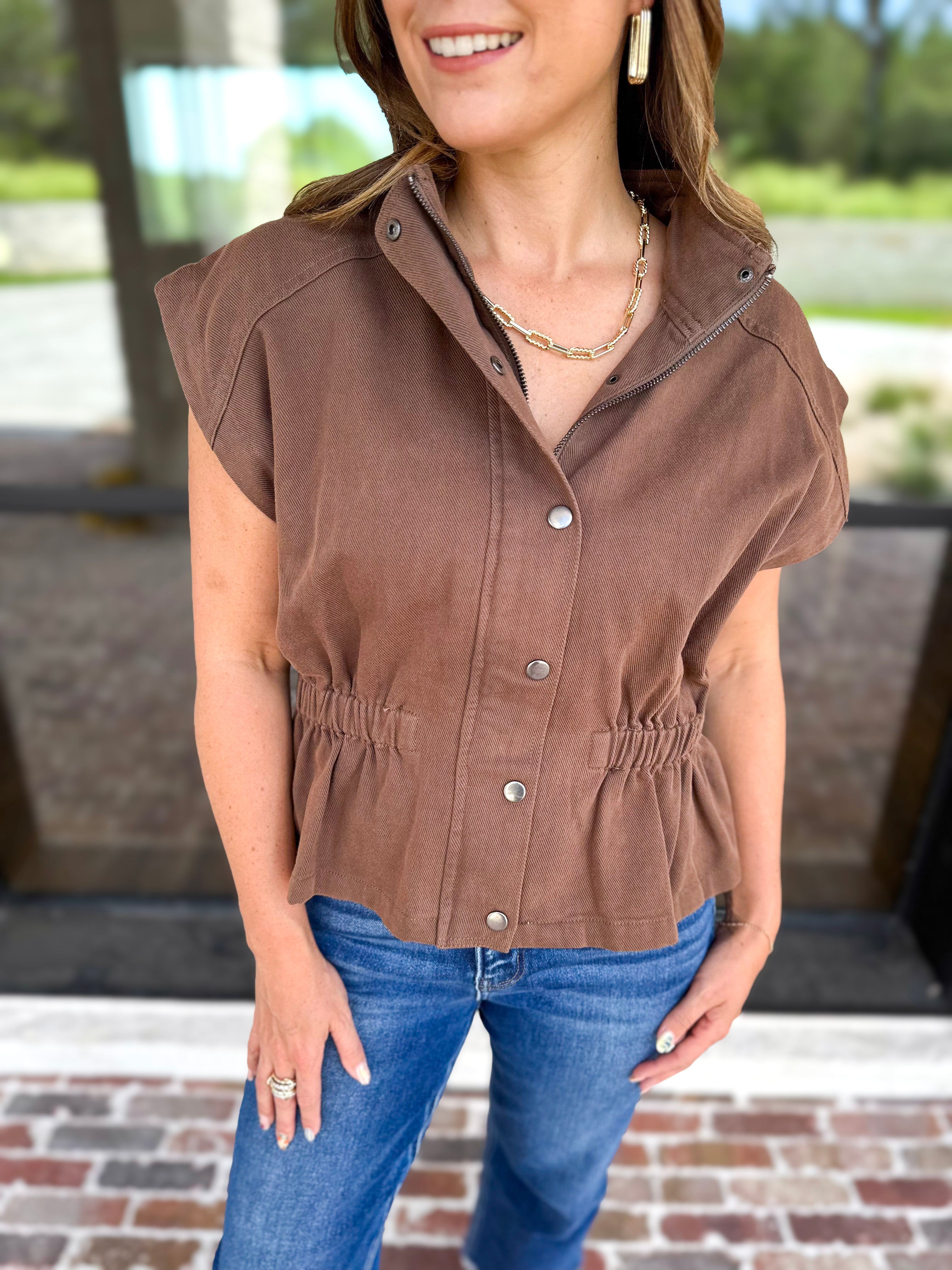 Worn Well Zip-Up Top - Brown-200 Fashion Blouses-ENTRO-July & June Women's Fashion Boutique Located in San Antonio, Texas