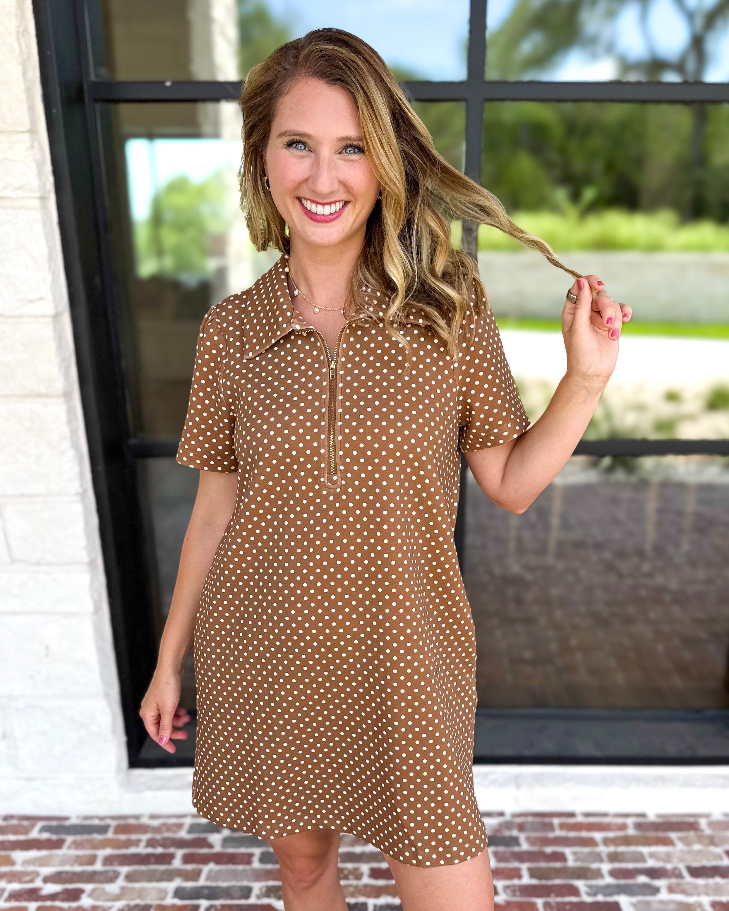 Polka Dot Athletic Mini Dress - Carmel-510 Mini-ENTRO-July & June Women's Fashion Boutique Located in San Antonio, Texas