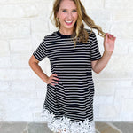 Stripes & Lace Shift Dress - Black-510 Mini-ENTRO-July & June Women's Fashion Boutique Located in San Antonio, Texas