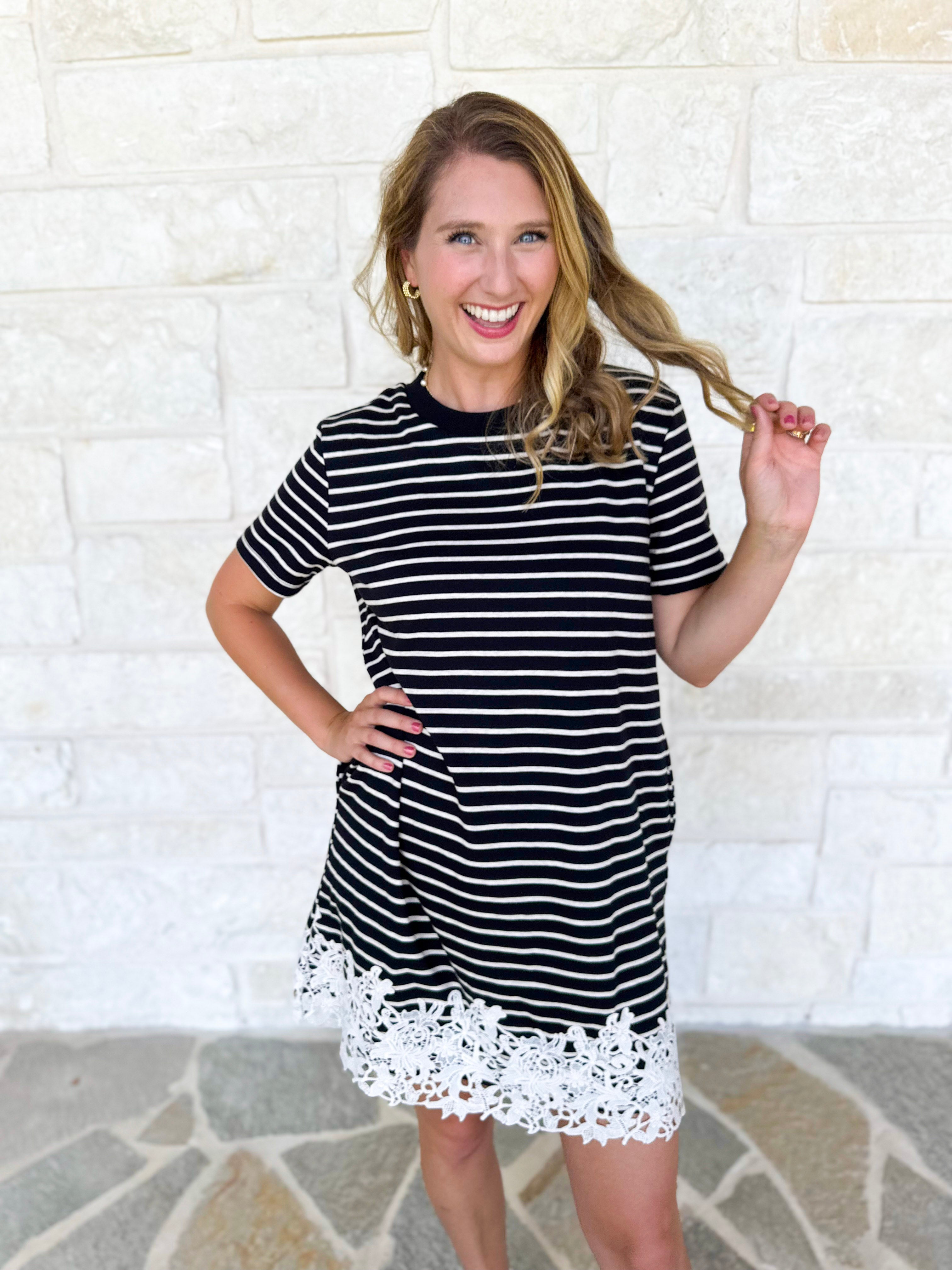 Stripes & Lace Shift Dress - Black-510 Mini-ENTRO-July & June Women's Fashion Boutique Located in San Antonio, Texas