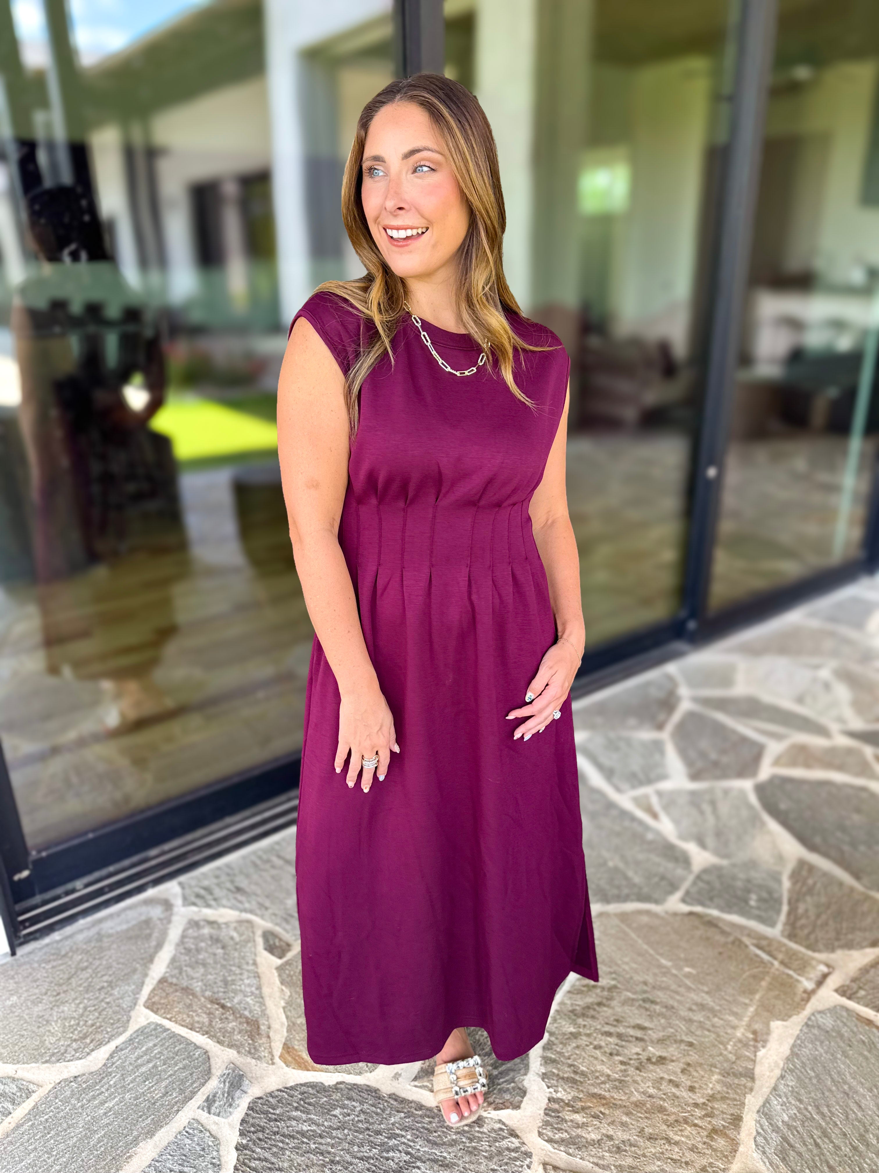 Polished Pin-Tuck Midi Dress - Burgundy-500 Midi-ENTRO-July & June Women's Fashion Boutique Located in San Antonio, Texas