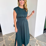Polished Pin-Tuck Midi Dress - Pine Green-500 Midi-ENTRO-July & June Women's Fashion Boutique Located in San Antonio, Texas