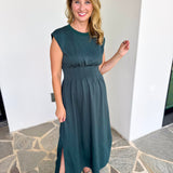 Polished Pin-Tuck Midi Dress - Pine Green-500 Midi-ENTRO-July & June Women's Fashion Boutique Located in San Antonio, Texas