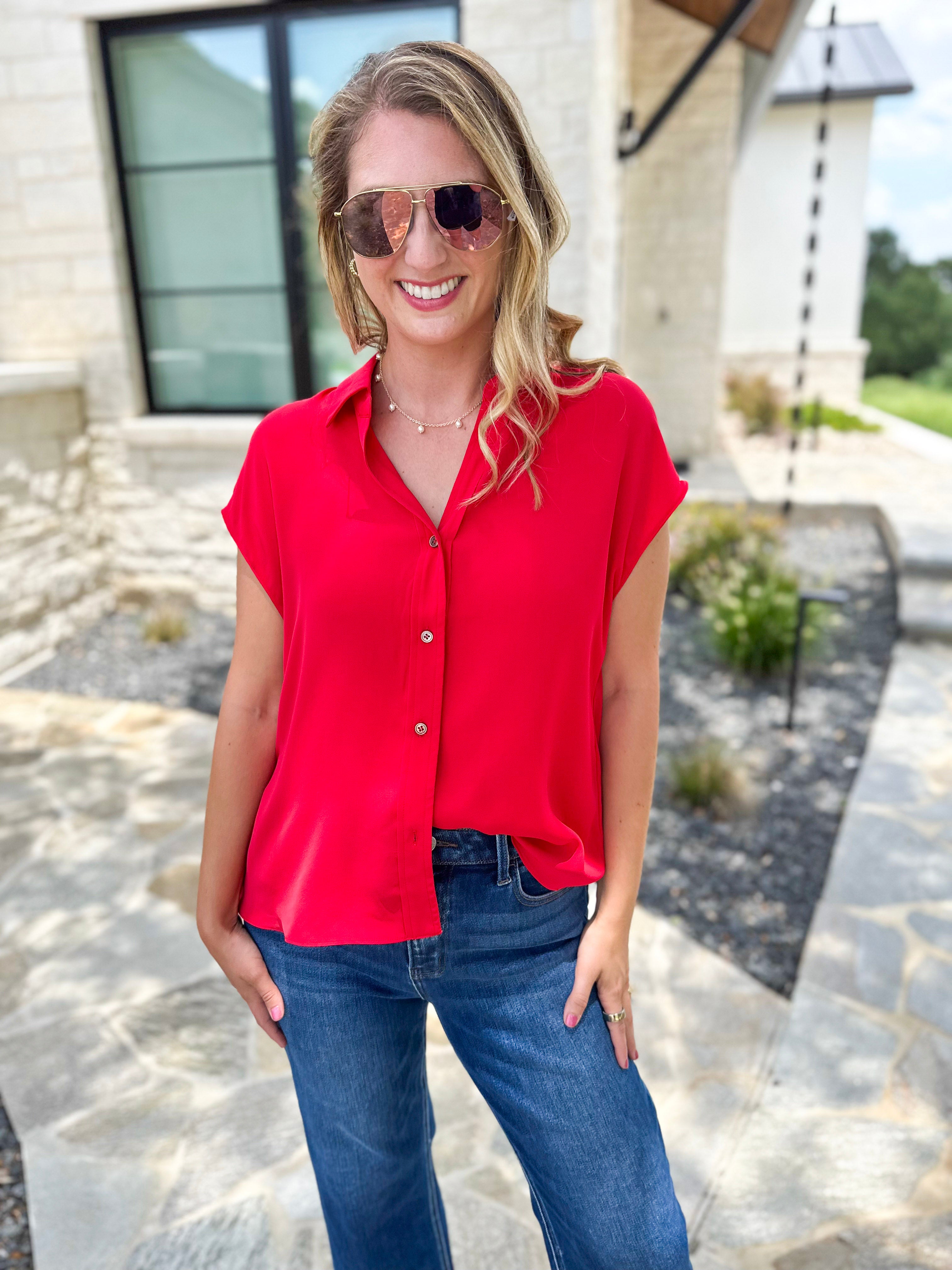 Current Air - Classic Button Down Blouse - Red-200 Fashion Blouses-CURRENT AIR CLOTHING-July & June Women's Fashion Boutique Located in San Antonio, Texas