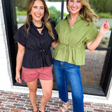 Cinch Waist Blouse - Olive-200 Fashion Blouses-ENTRO-July & June Women's Fashion Boutique Located in San Antonio, Texas