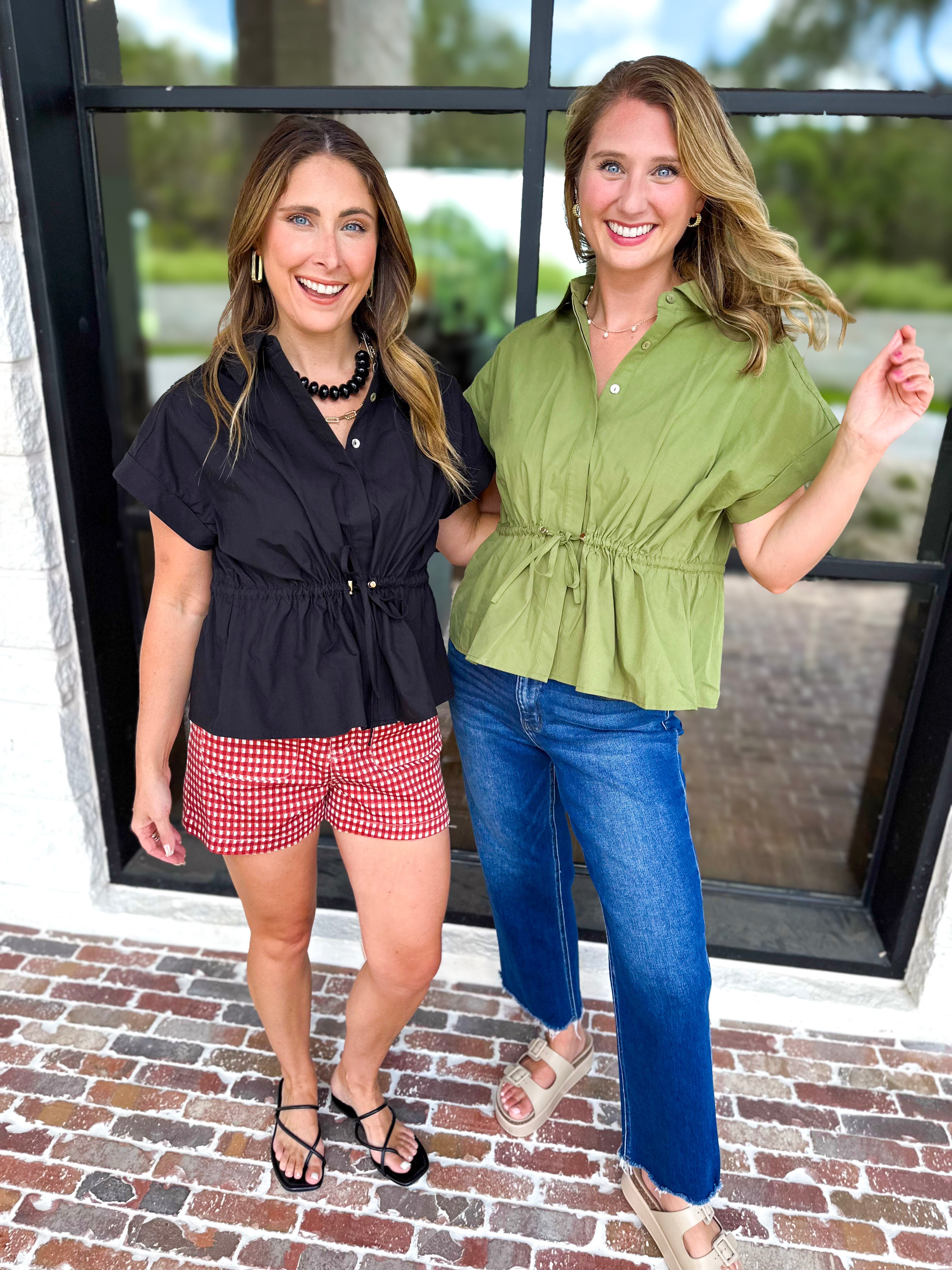 Cinch Waist Blouse - Olive-200 Fashion Blouses-ENTRO-July & June Women's Fashion Boutique Located in San Antonio, Texas