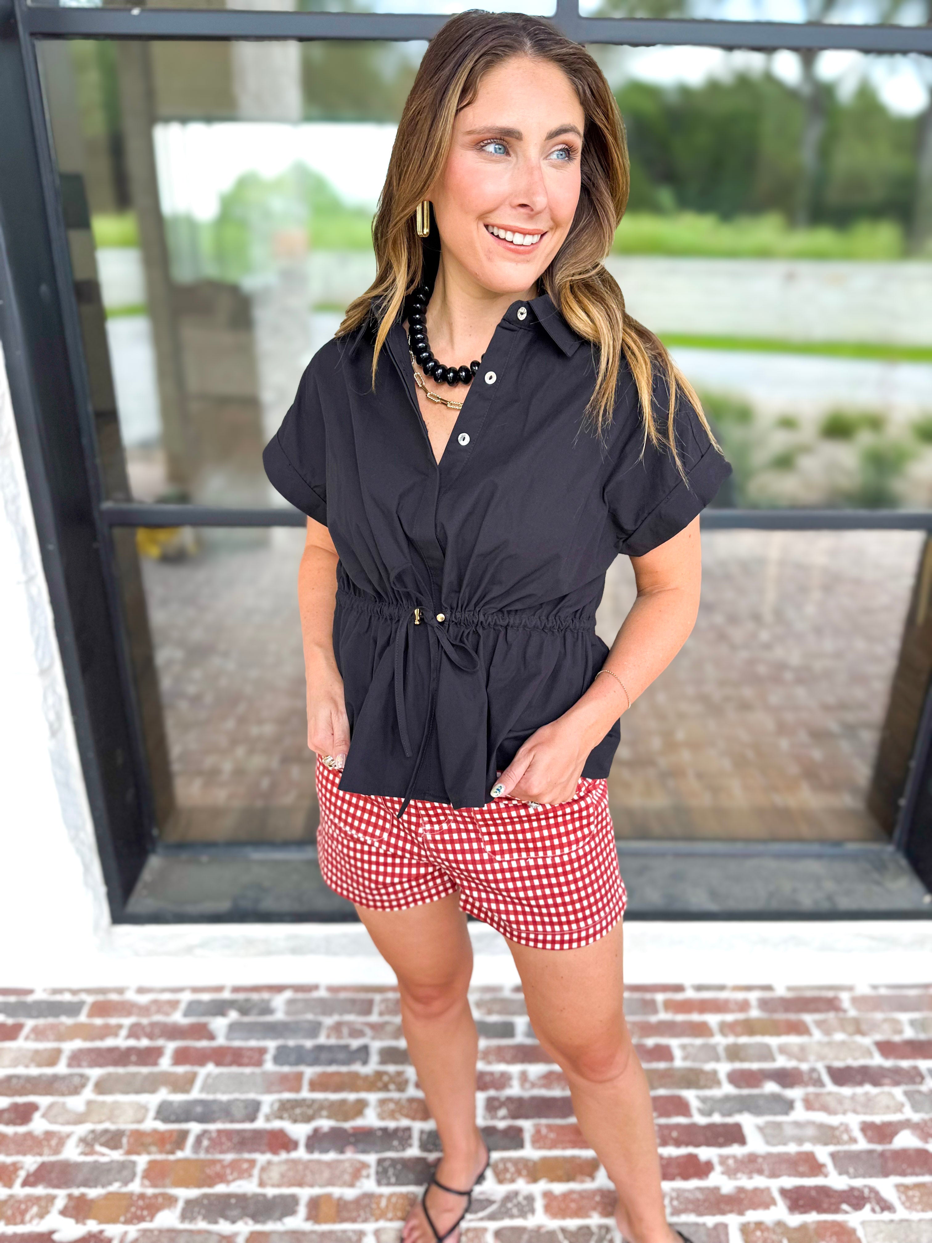 Cinch Waist Blouse - Black-200 Fashion Blouses-ENTRO-July & June Women's Fashion Boutique Located in San Antonio, Texas