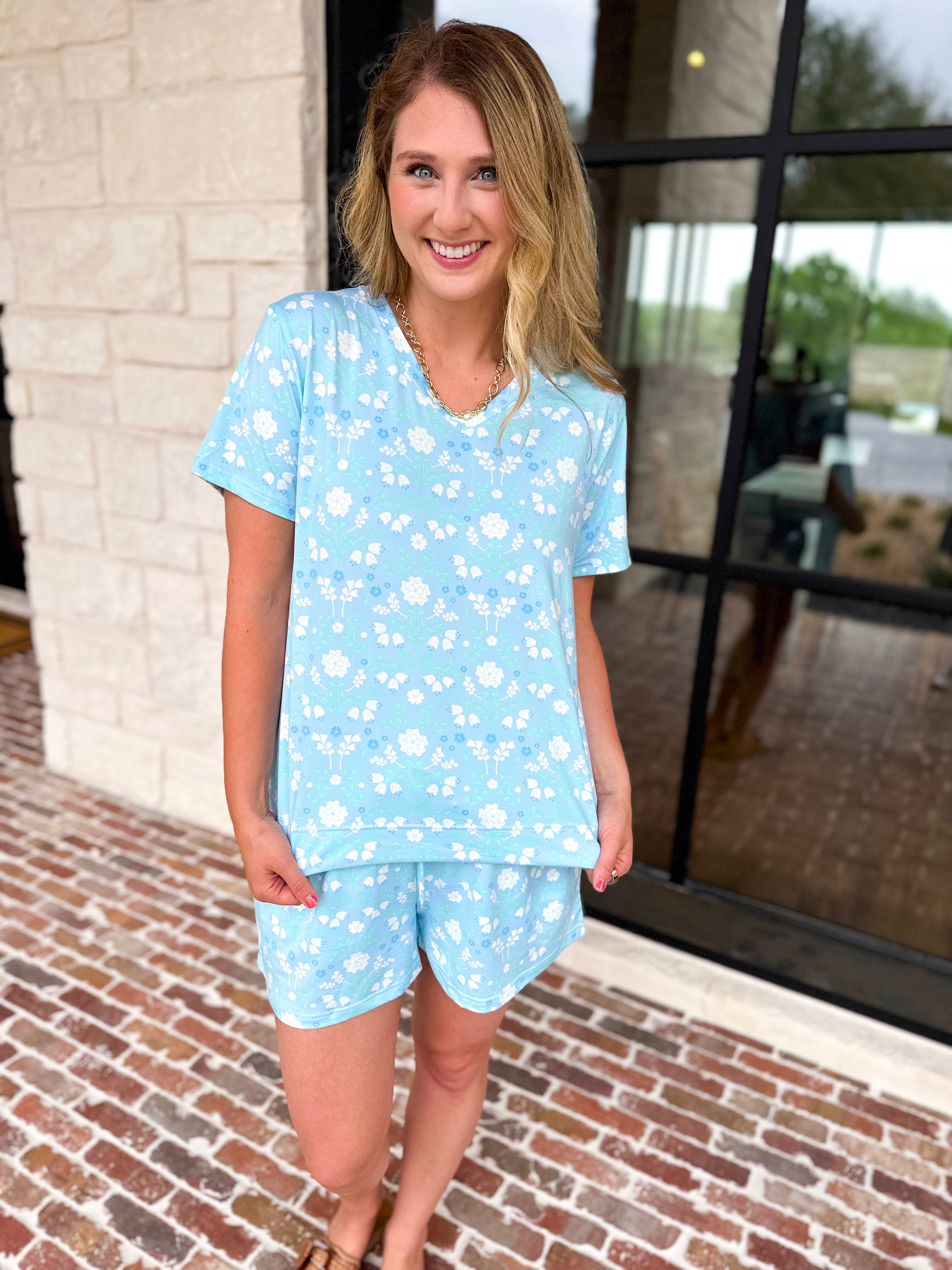 Mary Square - Alli Pj Set - Quiet Blossom Blue-300 Athleisure/Lounge-MARY SQUARE-July & June Women's Fashion Boutique Located in San Antonio, Texas