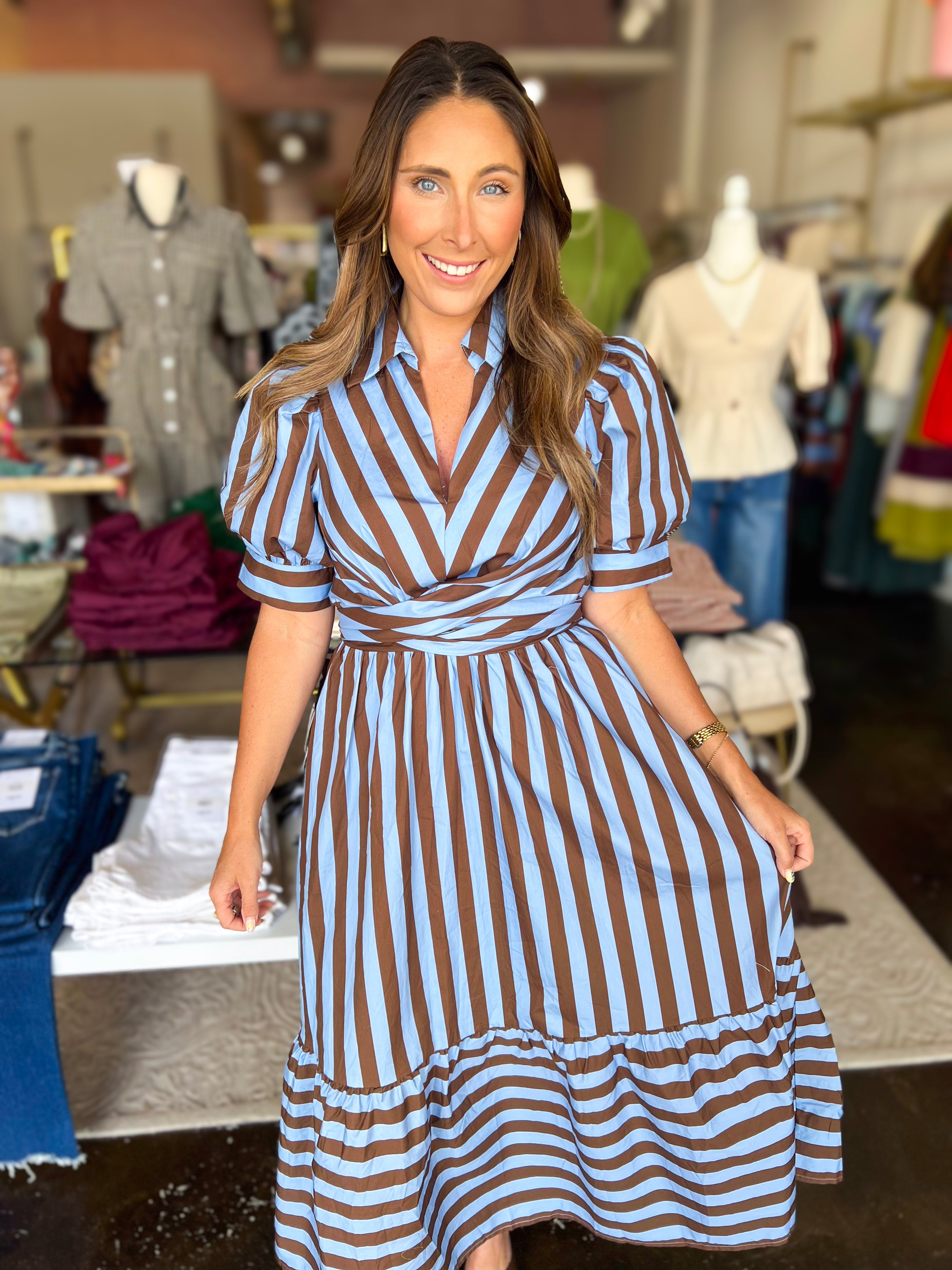 Color Drench Striped Midi Dress - French Blue-500 Midi-ENTRO-July & June Women's Fashion Boutique Located in San Antonio, Texas