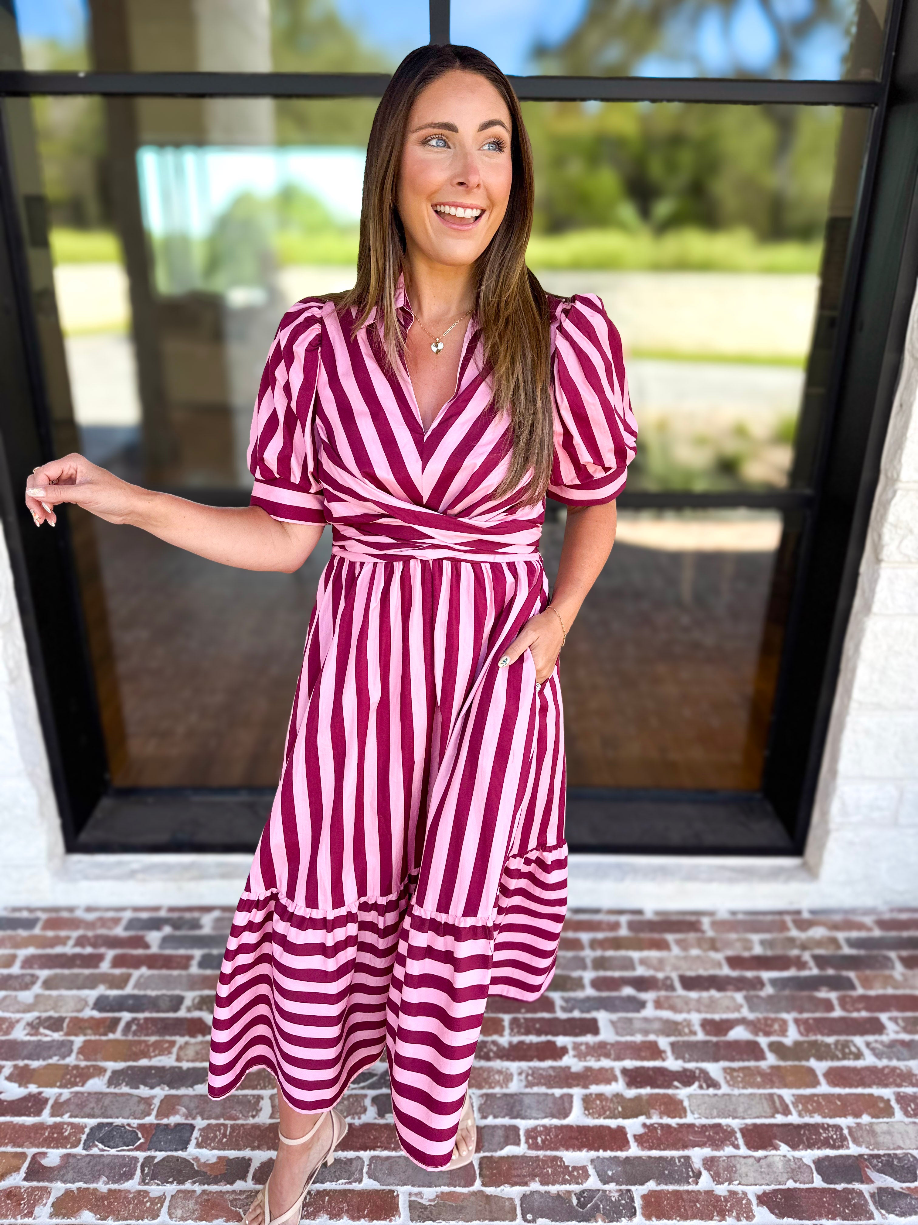 Color Drench Striped Midi Dress - Blushed Berry-500 Midi-ENTRO-July & June Women's Fashion Boutique Located in San Antonio, Texas