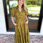 Color Drench Striped Midi Dress - Martini Olive-500 Midi-ENTRO-July & June Women's Fashion Boutique Located in San Antonio, Texas