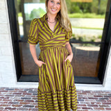 Color Drench Striped Midi Dress - Martini Olive-500 Midi-ENTRO-July & June Women's Fashion Boutique Located in San Antonio, Texas