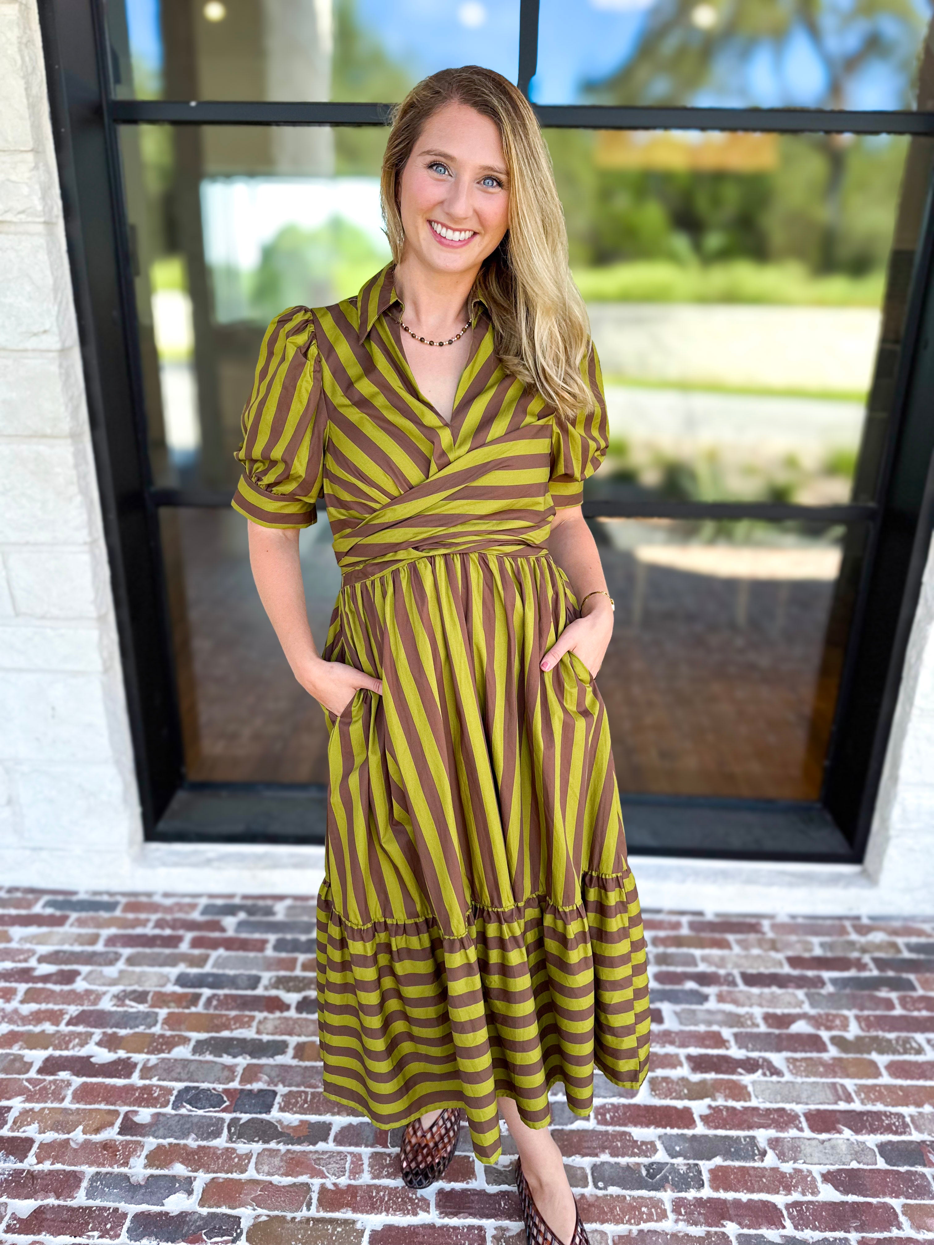 Color Drench Striped Midi Dress - Martini Olive-500 Midi-ENTRO-July & June Women's Fashion Boutique Located in San Antonio, Texas