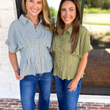 Living Life Gingham Top - Matcha-200 Fashion Blouses-ENTRO-July & June Women's Fashion Boutique Located in San Antonio, Texas