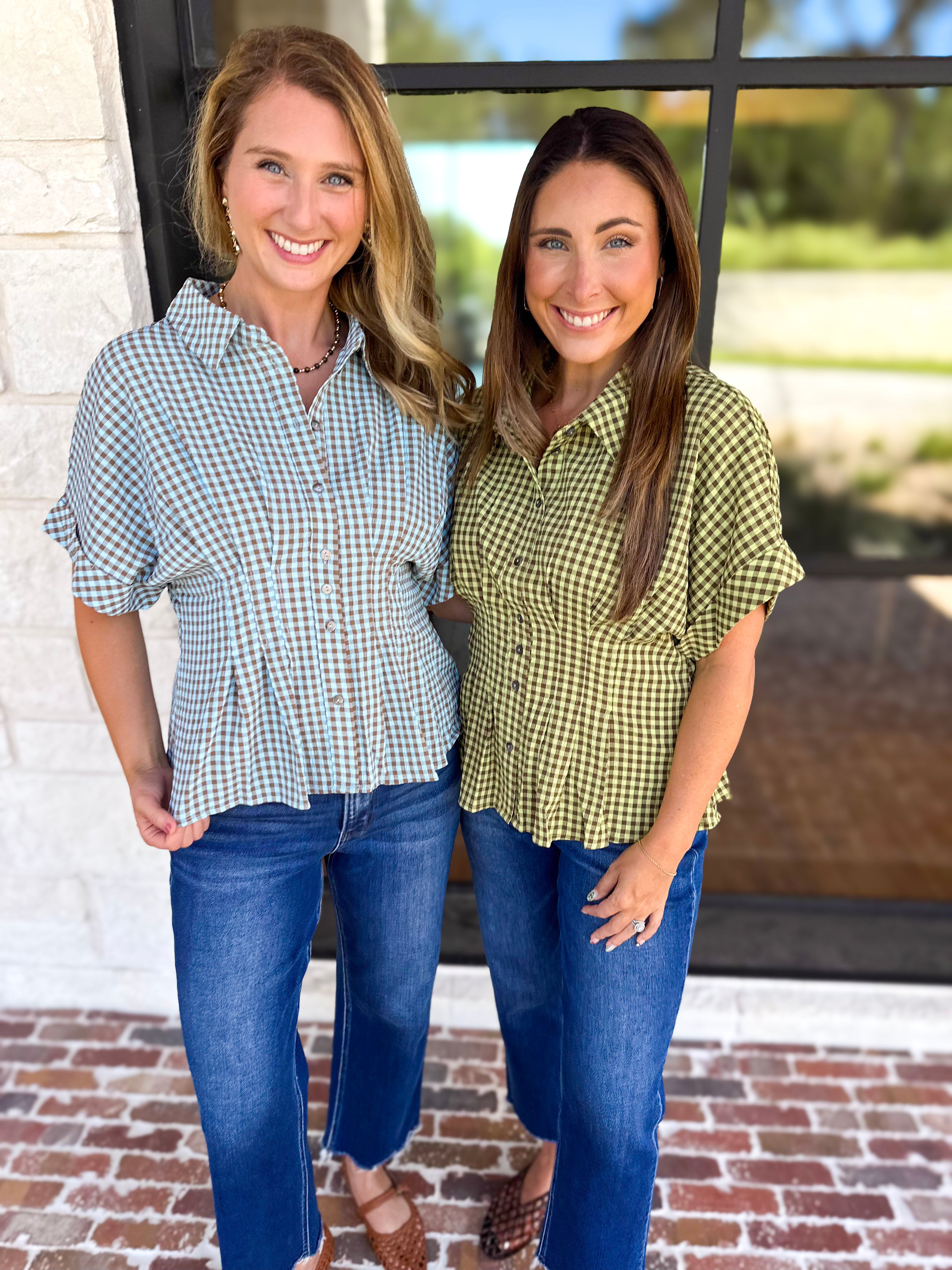 Living Life Gingham Top - Matcha-200 Fashion Blouses-ENTRO-July & June Women's Fashion Boutique Located in San Antonio, Texas