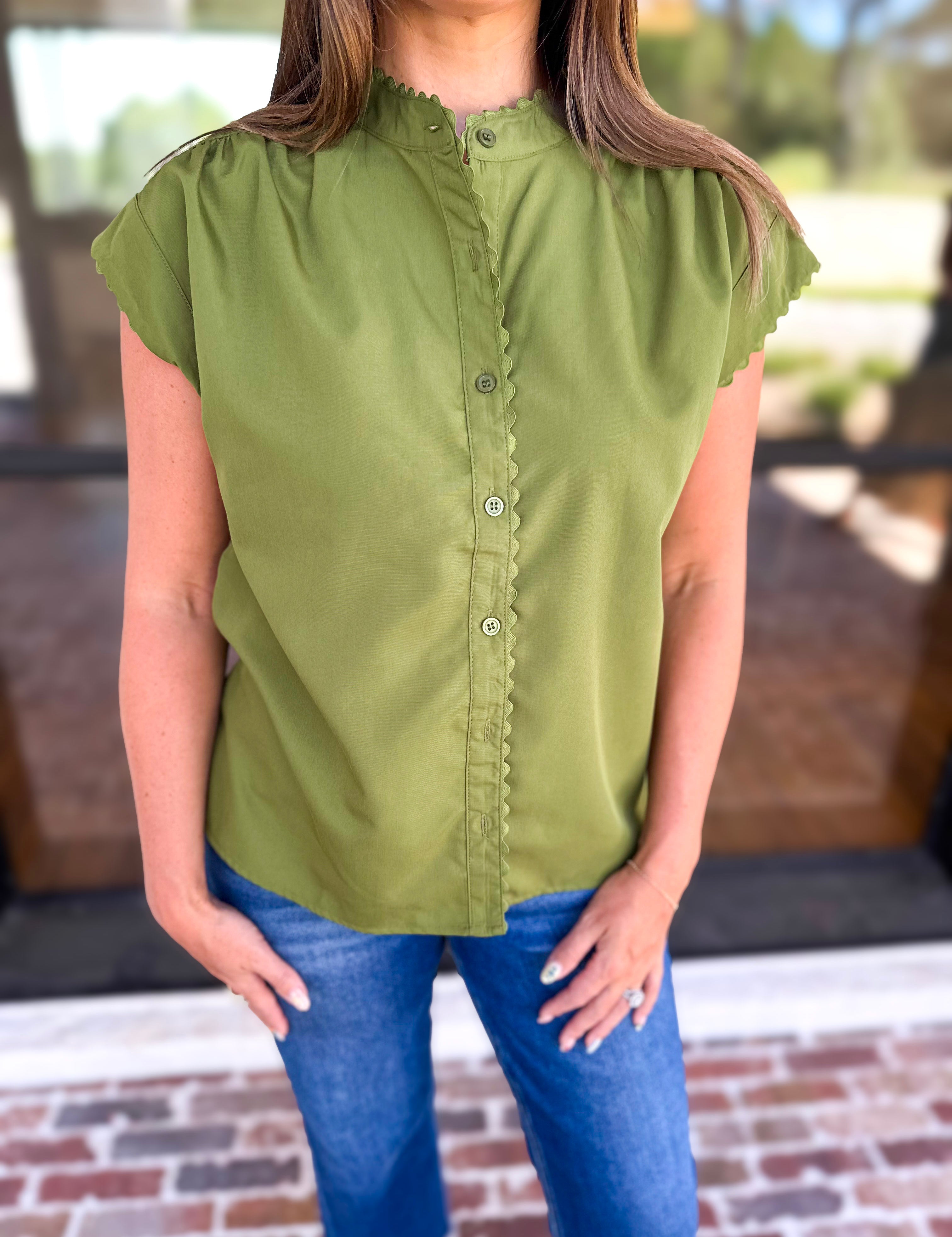 Ric Rac Button Down Top - Olive-200 Fashion Blouses-ENTRO-July & June Women's Fashion Boutique Located in San Antonio, Texas