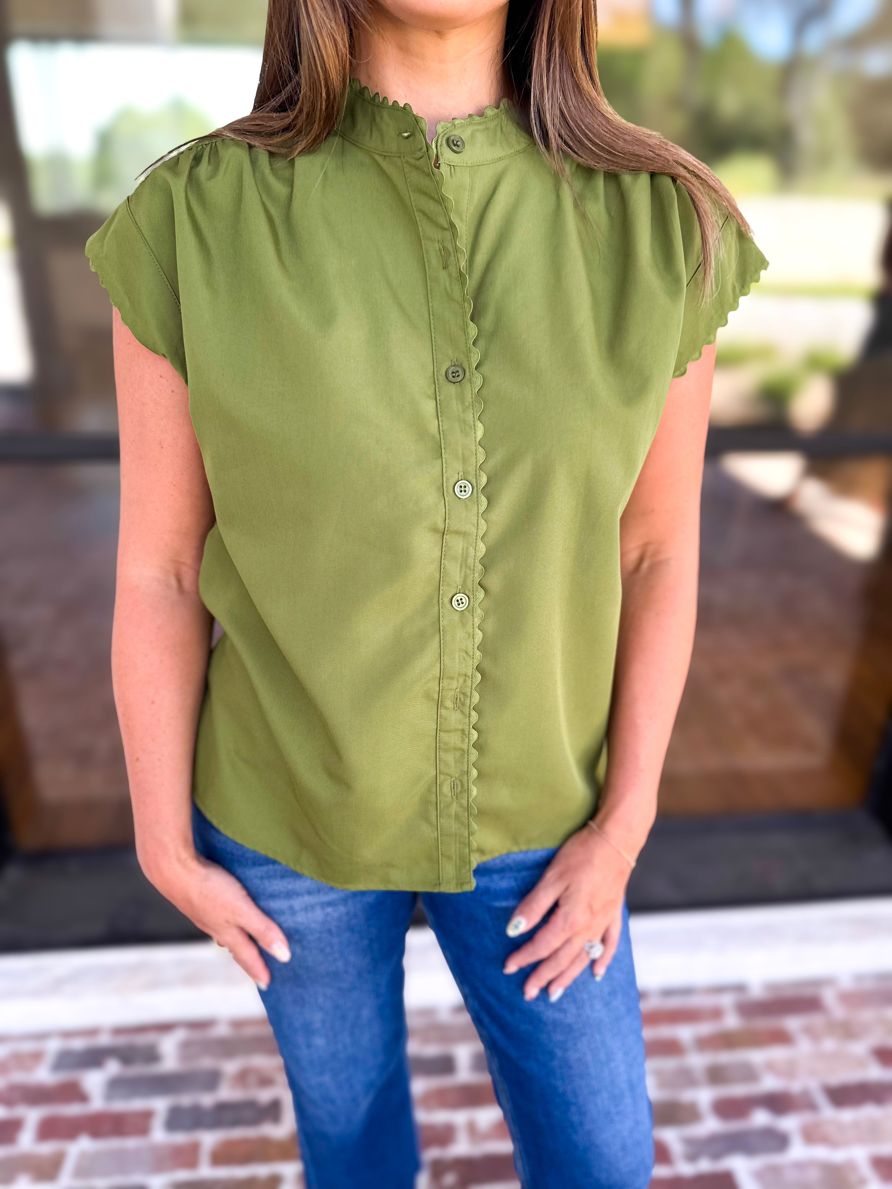 Ric Rac Button Down Top - Olive-200 Fashion Blouses-ENTRO-July & June Women's Fashion Boutique Located in San Antonio, Texas