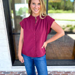Ric Rac Button Down Top - Wine-200 Fashion Blouses-ENTRO-July & June Women's Fashion Boutique Located in San Antonio, Texas