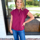 Ric Rac Button Down Top - Wine-200 Fashion Blouses-ENTRO-July & June Women's Fashion Boutique Located in San Antonio, Texas