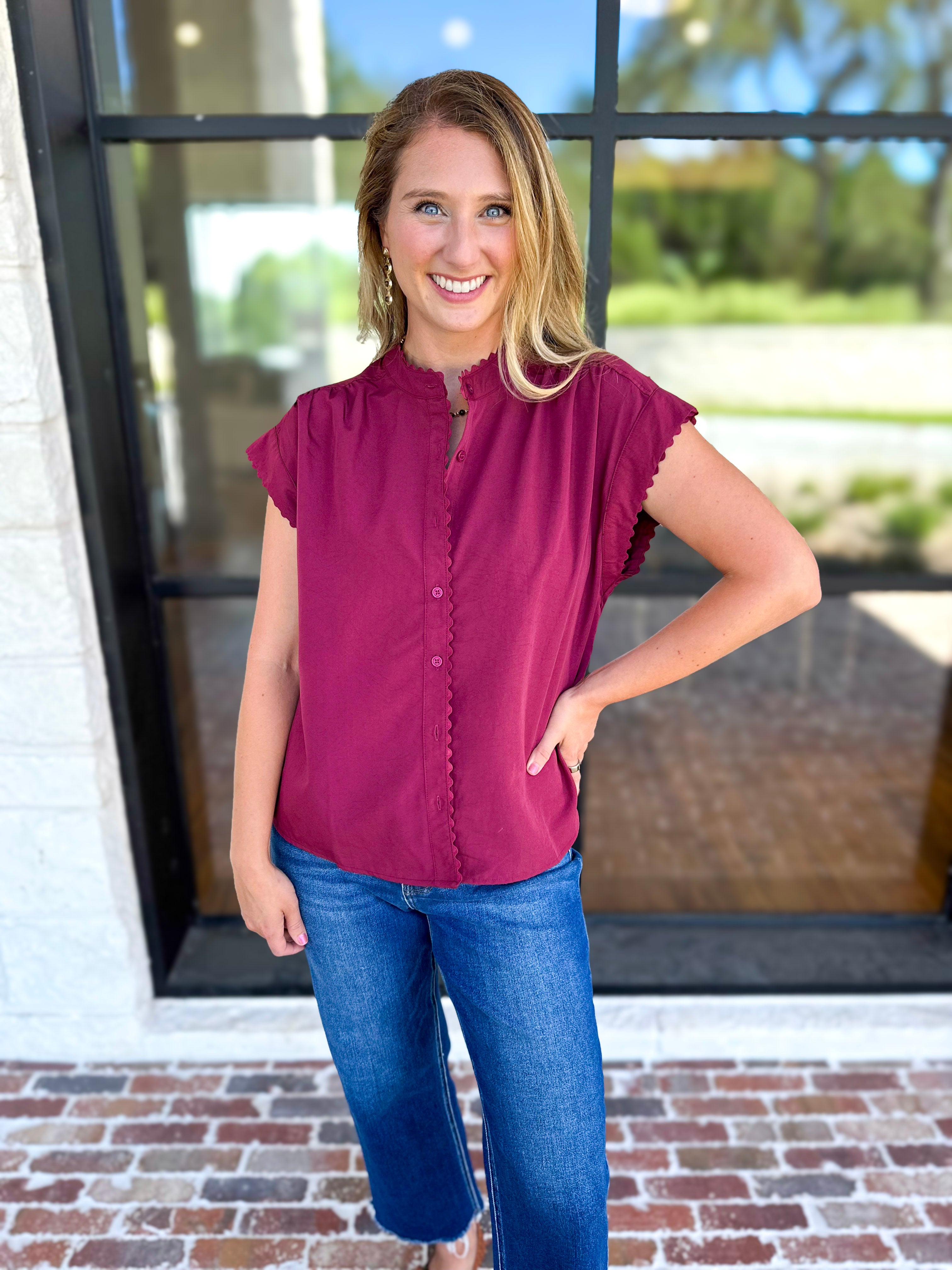 Ric Rac Button Down Top - Wine-200 Fashion Blouses-ENTRO-July & June Women's Fashion Boutique Located in San Antonio, Texas