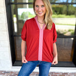 Contrast Chic Blouse - Terracotta-200 Fashion Blouses-ENTRO-July & June Women's Fashion Boutique Located in San Antonio, Texas