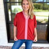 Contrast Chic Blouse - Terracotta-200 Fashion Blouses-ENTRO-July & June Women's Fashion Boutique Located in San Antonio, Texas