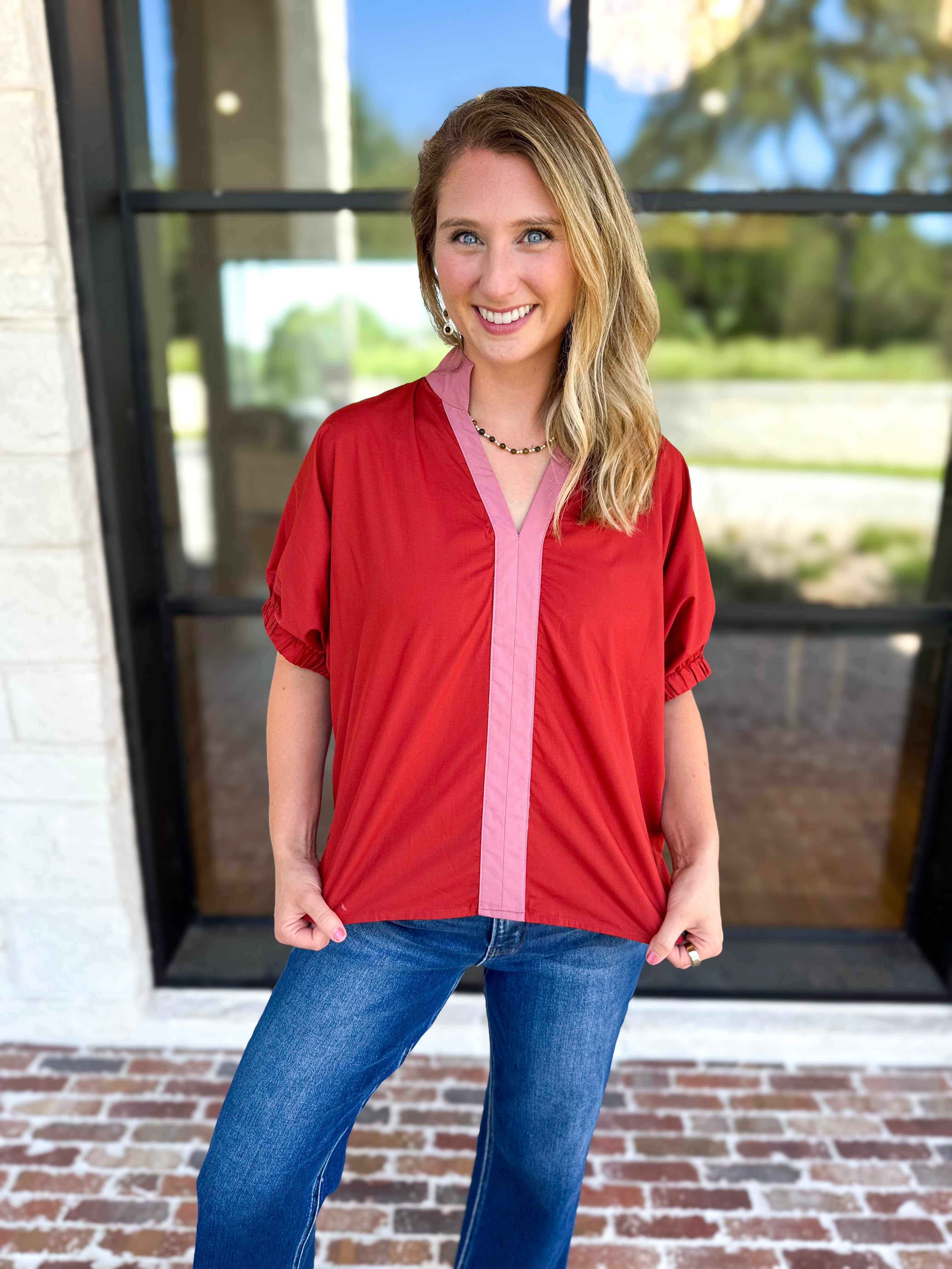 Contrast Chic Blouse - Terracotta-200 Fashion Blouses-ENTRO-July & June Women's Fashion Boutique Located in San Antonio, Texas