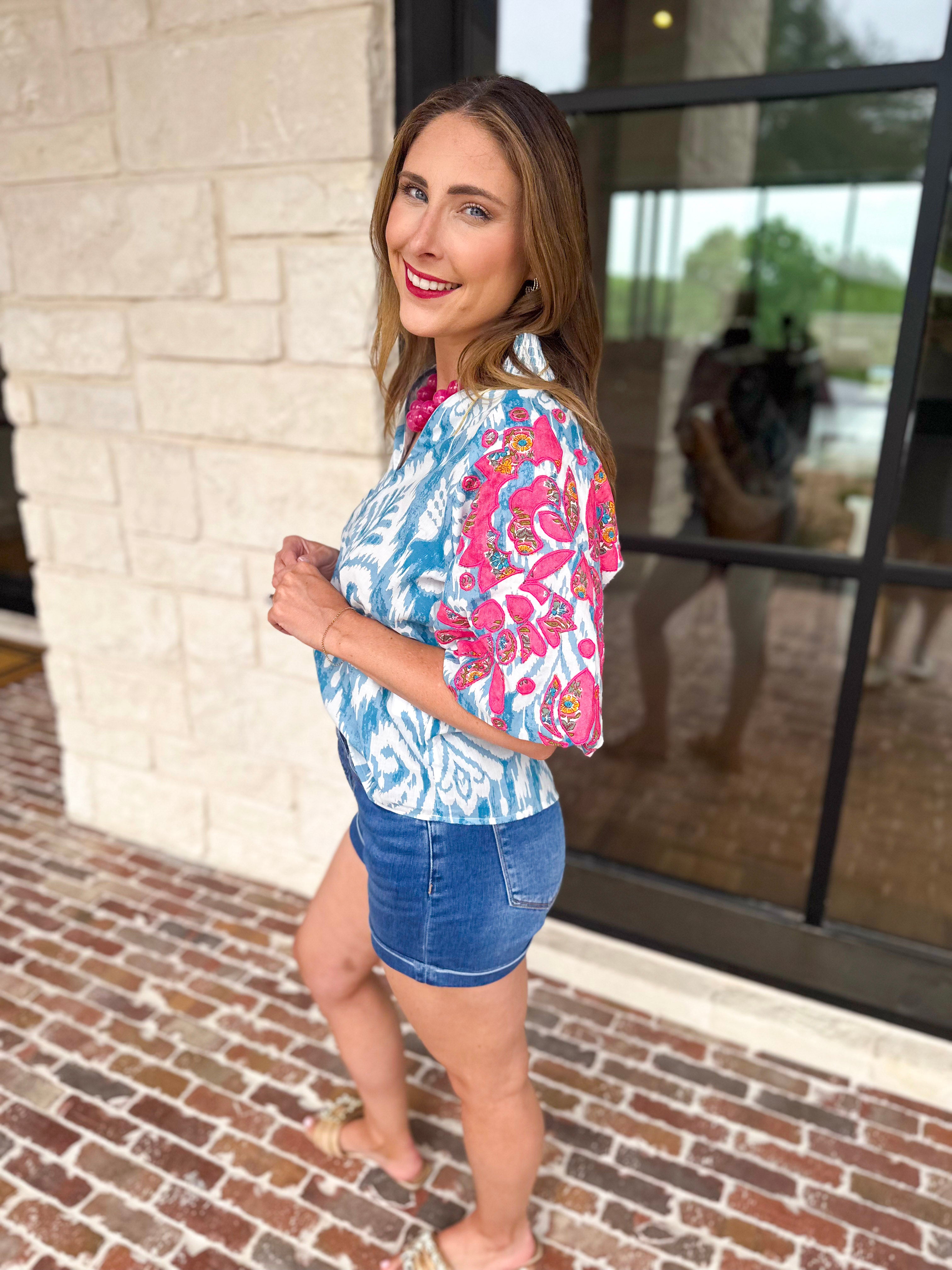 THML - Blue Watercolor Embroidered Blouse-200 Fashion Blouses-THML-July & June Women's Fashion Boutique Located in San Antonio, Texas