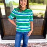 Parker Blue & Green Striped Knit Top-230 Sweaters/Cardis-STRUT & BOLT-July & June Women's Fashion Boutique Located in San Antonio, Texas
