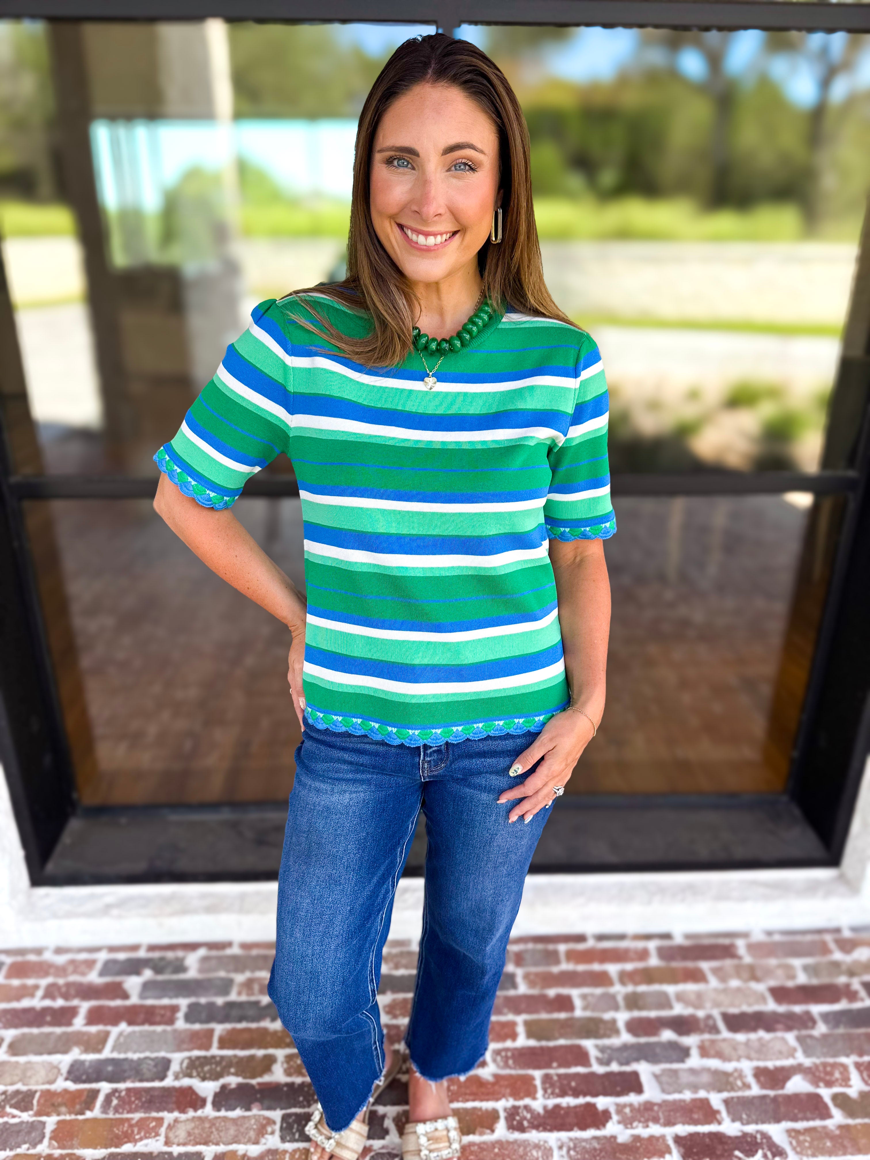 Parker Blue & Green Striped Knit Top-230 Sweaters/Cardis-STRUT & BOLT-July & June Women's Fashion Boutique Located in San Antonio, Texas